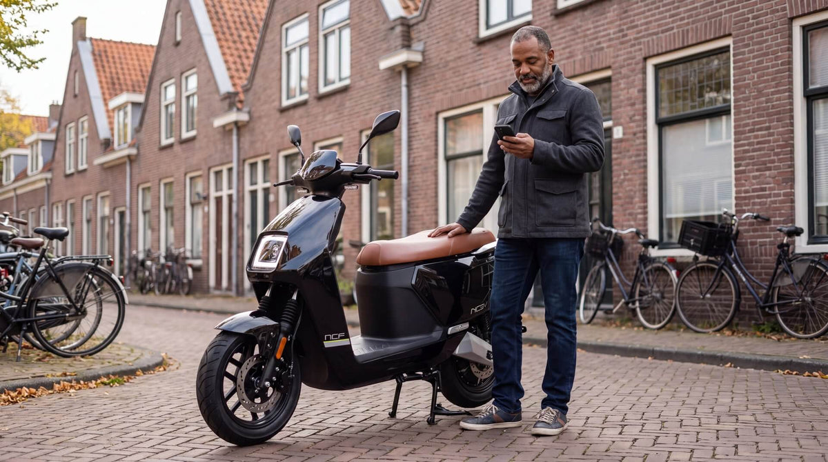 Scooter kenteken check: man controleert kenteken naast IVA NCF scooter in Utrechtse straat