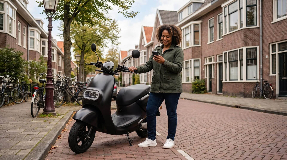 Vrouw naast haar matzwarte elektrische scooter in een Nederlandse straat, meldcode scooter opzoeken