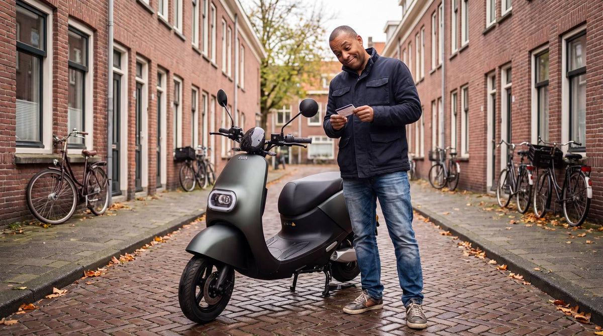 Kentekenbewijs scooter kwijt: man bekijkt zijn kentekencard bij zijn scooter in een Rotterdamse straat
