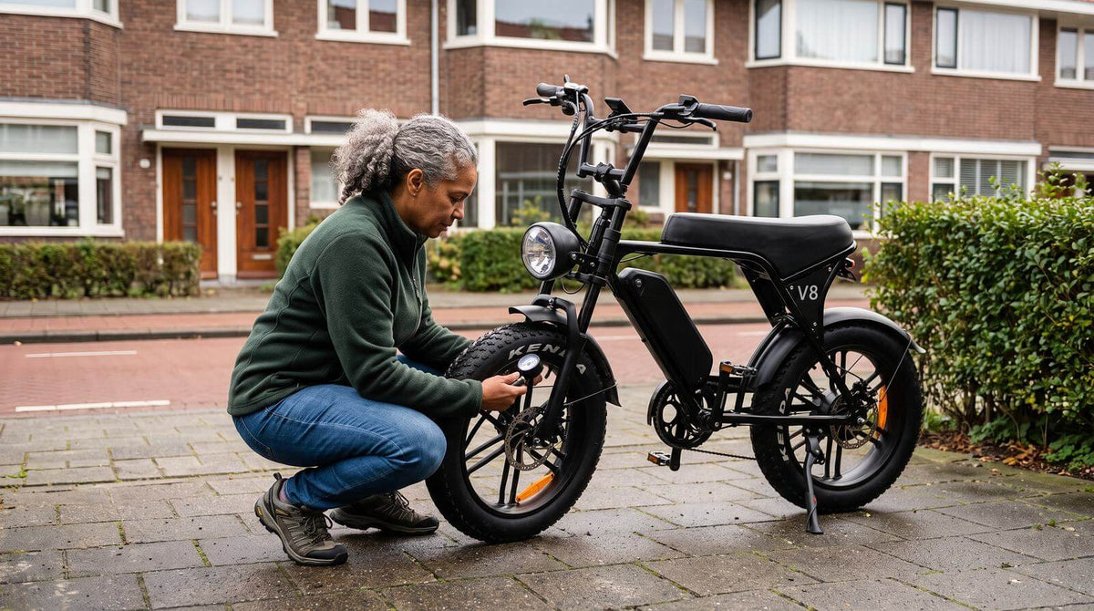 Fatbike onderhoud: vrouw controleert de bandenspanning van een zwarte fatbike in een Nederlandse straat