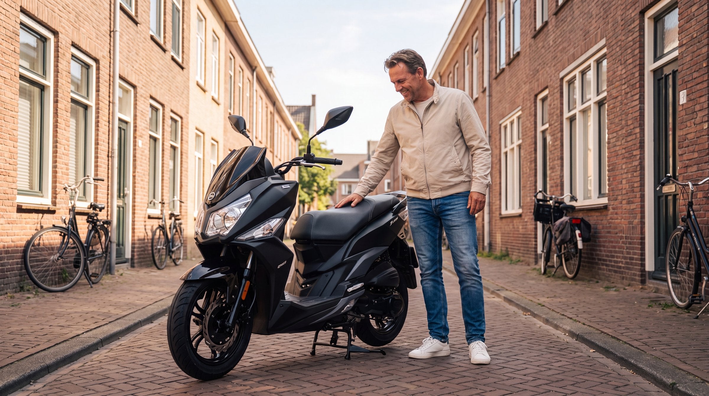 Verschil 2-takt en 4-takt – man naast matzwarte SYM Jet 14 retro benzinescooter in Nederlandse straat
