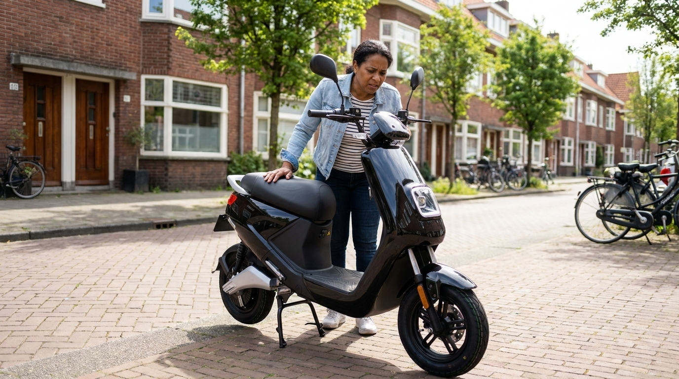 Scooter start niet - vrouw controleert zwarte IVA E-GO S4 elektrische scooter in een Nederlandse straat