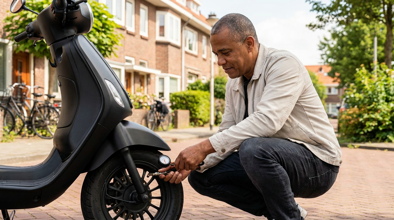 Man controleert de bandenspanning van de voorband van een matzwarte Senzo RivaLux scooter in een Nederlandse straat