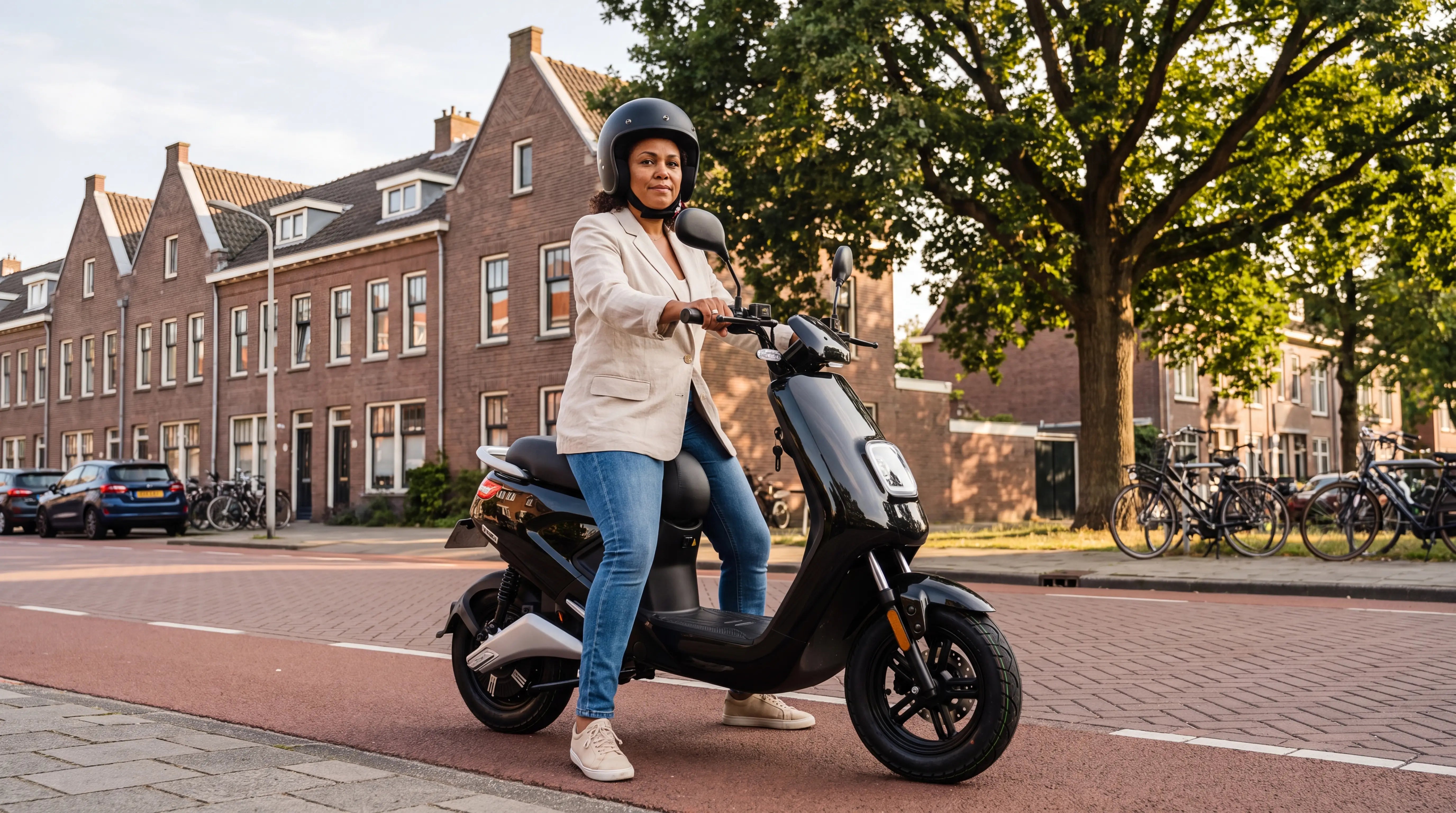 AM-rijbewijs halen: vrouw met helm op zwarte IVA E-GO S4 scooter in een Nederlandse straat