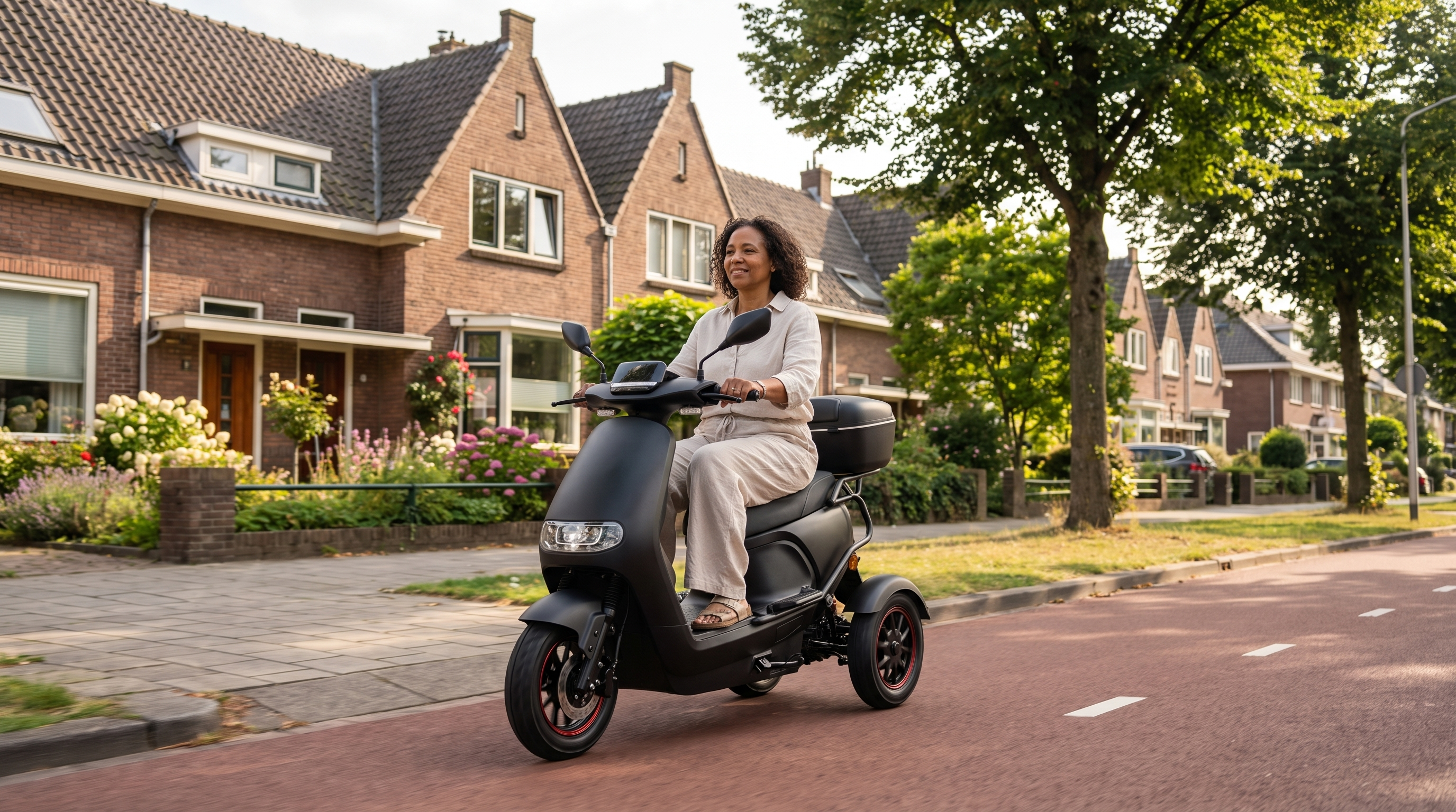 Scooter zonder rijbewijs: vrouw rijdt op IVA TR3 2.0 driewieler-scootmobiel in een Nederlandse woonwijk