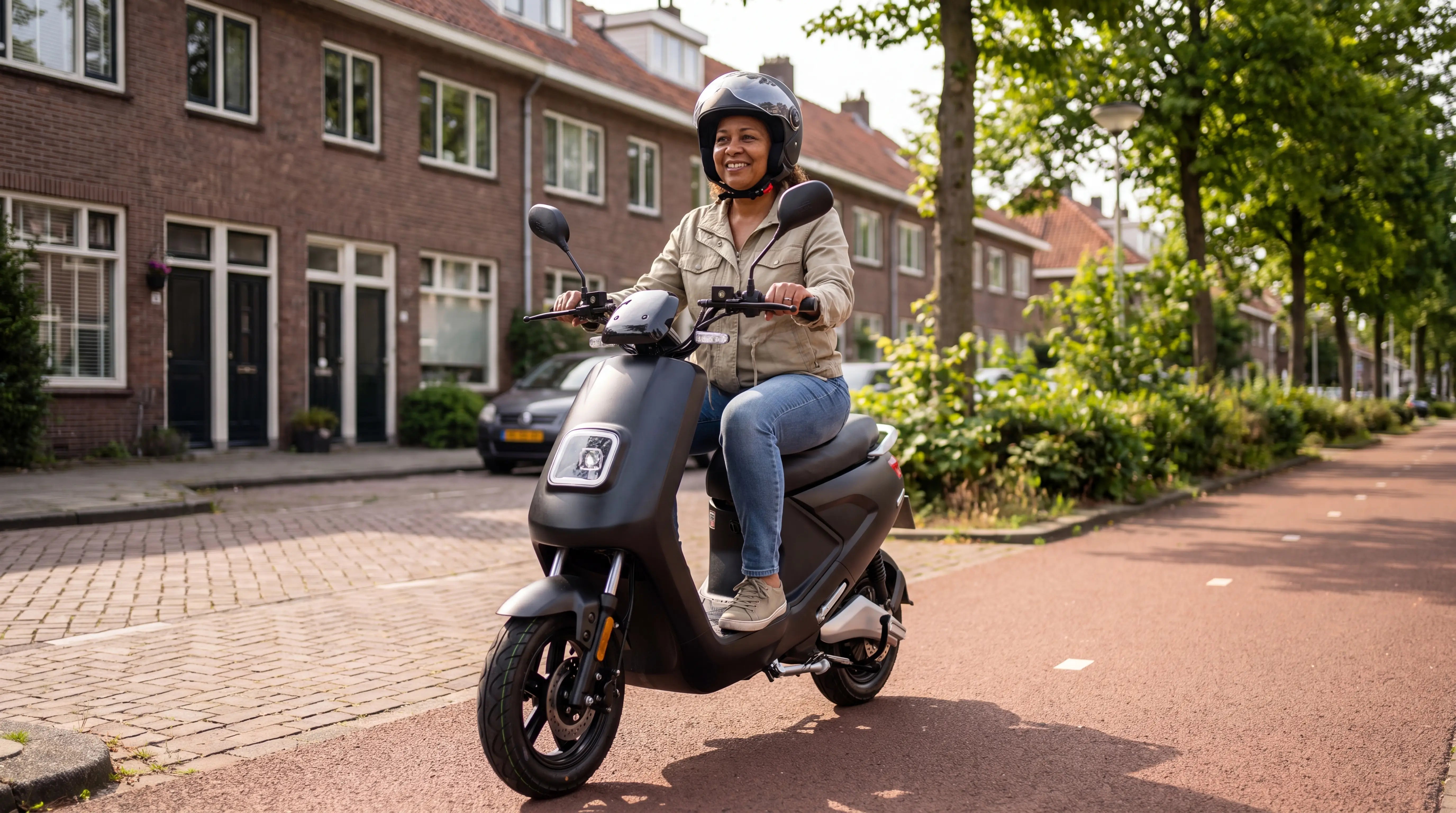 Snorfiets helm verplicht - vrouw met goedgekeurde helm op een IVA E-GO S4 snorscooter in Rotterdam