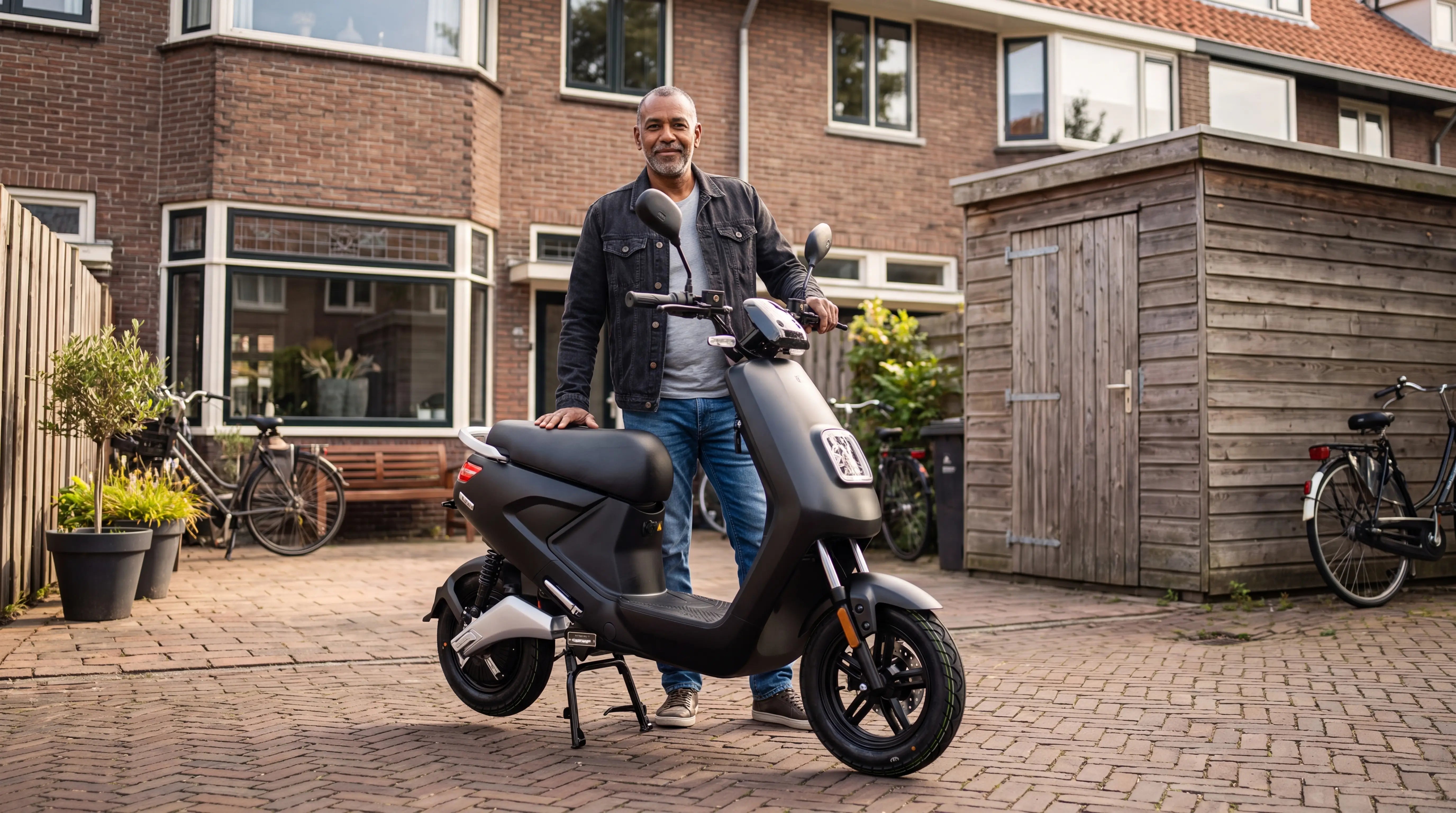 Scooter schorsen – man met matzwarte IVA E-GO S4 scooter op de oprit bij een schuur in een Nederlandse woonwijk