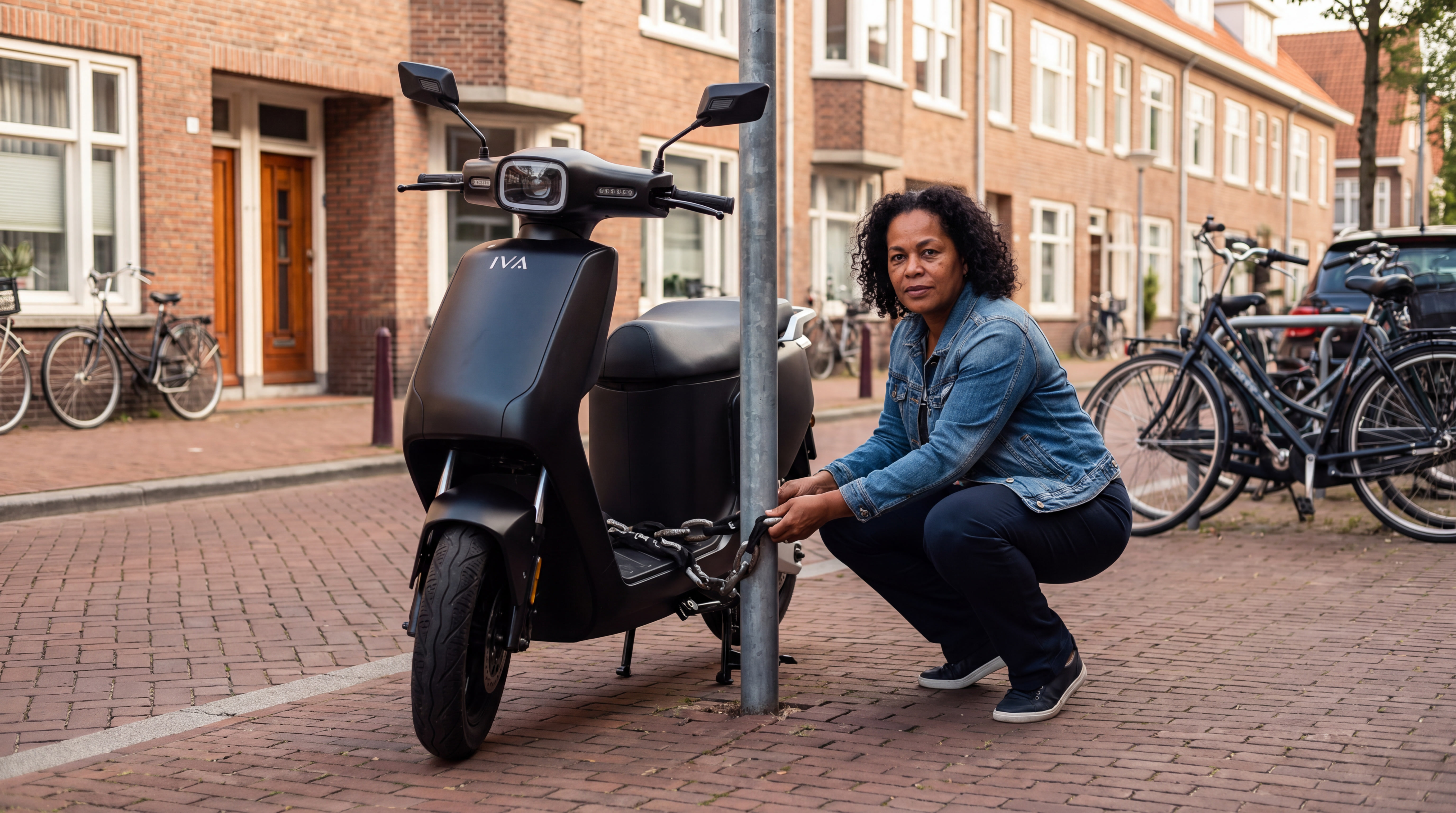 Scooter gestolen voorkomen: vrouw zet matzwarte IVA-scooter met kettingslot vast in een Rotterdamse straat