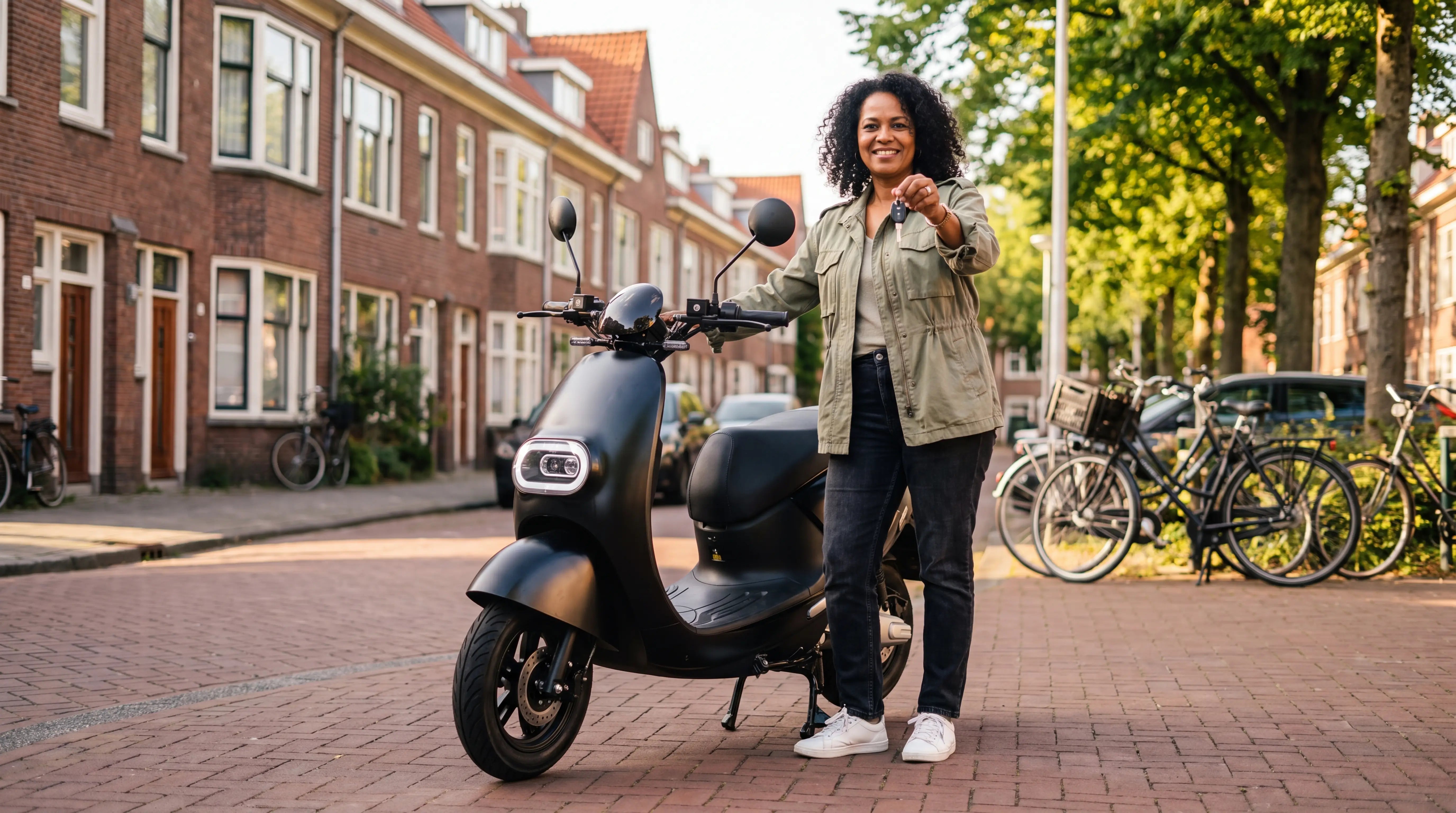 Scooter verkopen: vrouw met sleutel naast zwarte IVA E-GO S3 scooter in een Rotterdamse straat