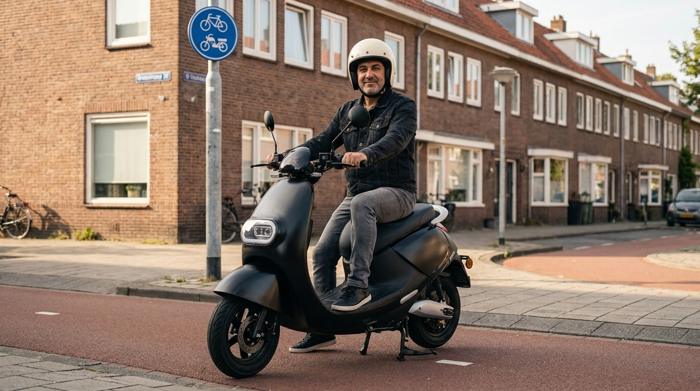 Verkeersborden voor je scooter: rijder op matzwarte IVA E-GO S3 bij Nederlandse verkeersborden in de stad