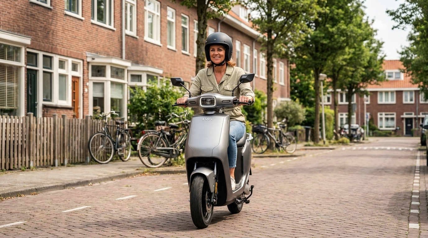 50cc scooter kopen: rijder op een matgrijze retro scooter in een Nederlandse straat