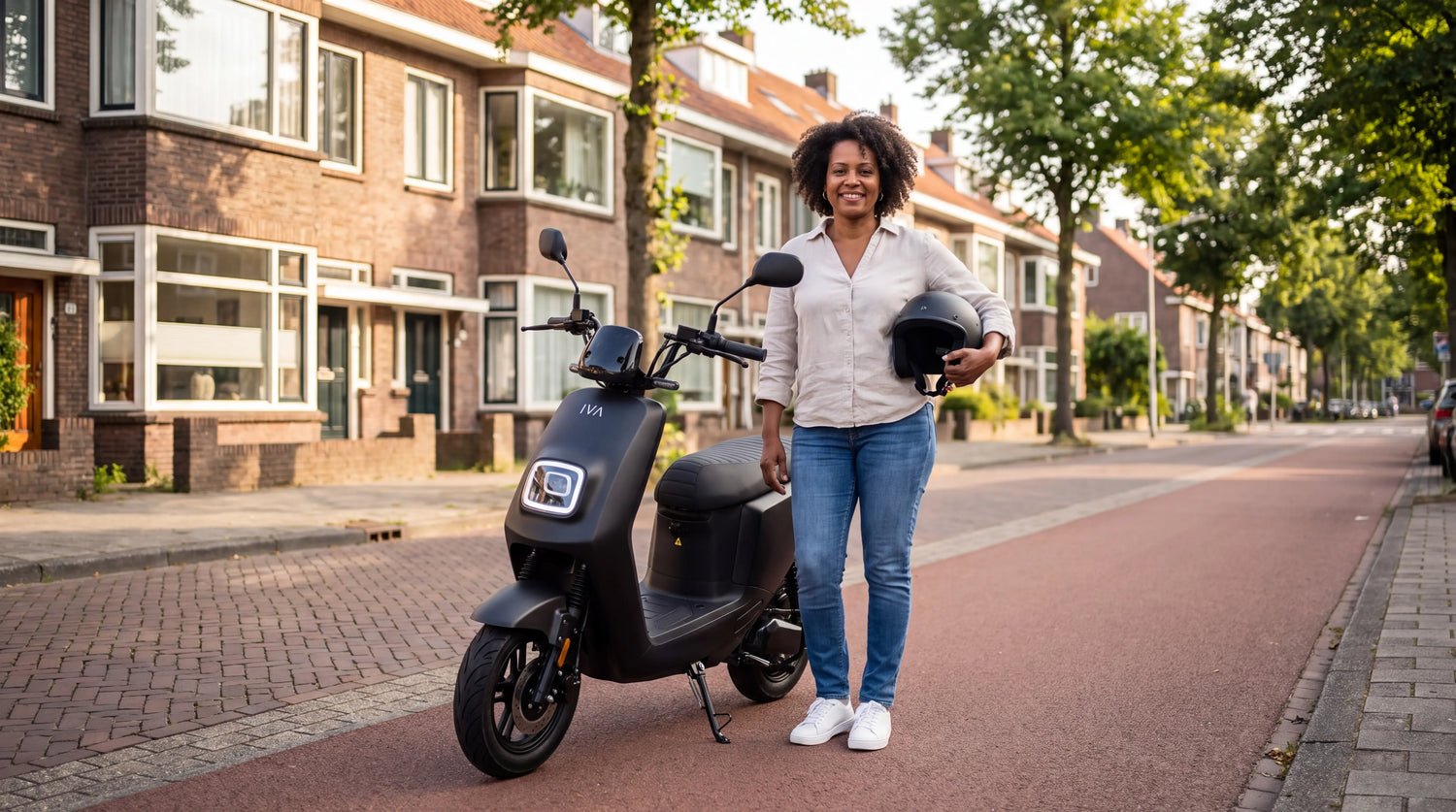 Vrouw met helm naast elektrische scooter na het halen van haar scooter theorie