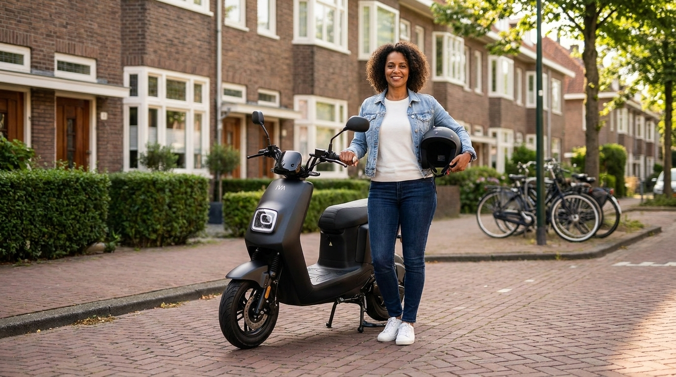 Schadevrije jaren scooter: vrouw naast haar elektrische snorscooter in een Nederlandse woonstraat
