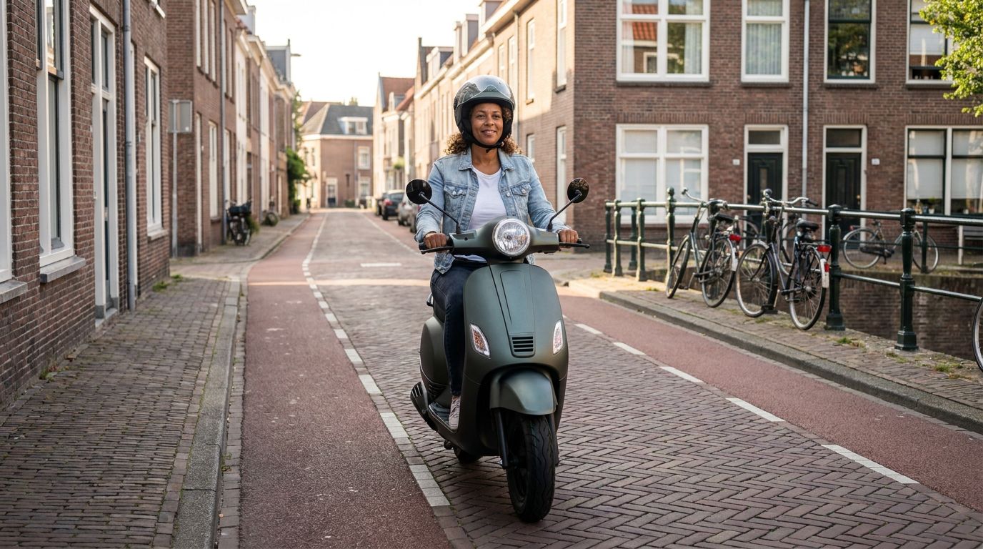 Kymco scooter alternatief: vrouw rijdt op matgroene Senzo RivaLux retroscooter in een Dordtse straat