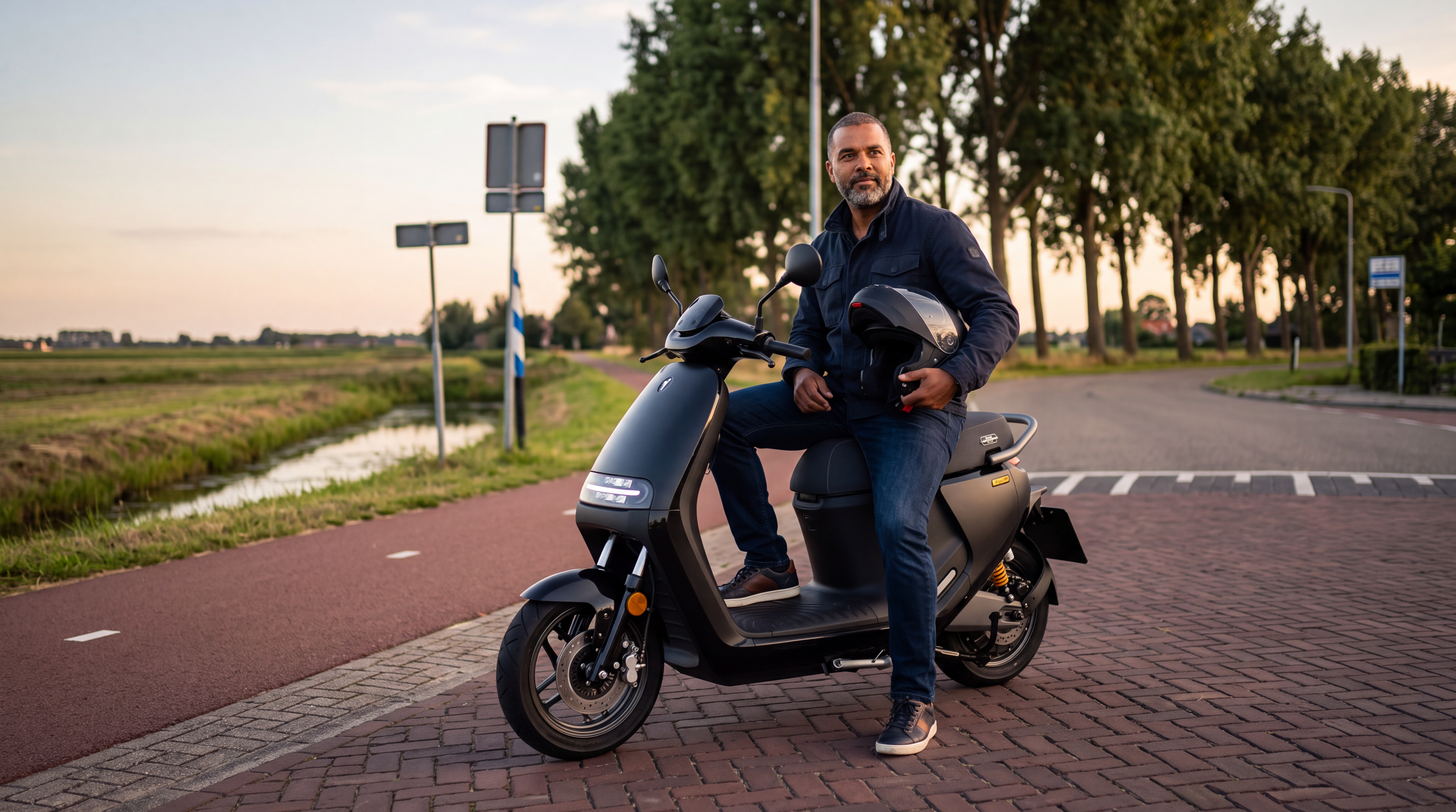 Motorscooter kopen: man op een zwarte elektrische Segway motorscooter langs een Nederlandse provinciale weg