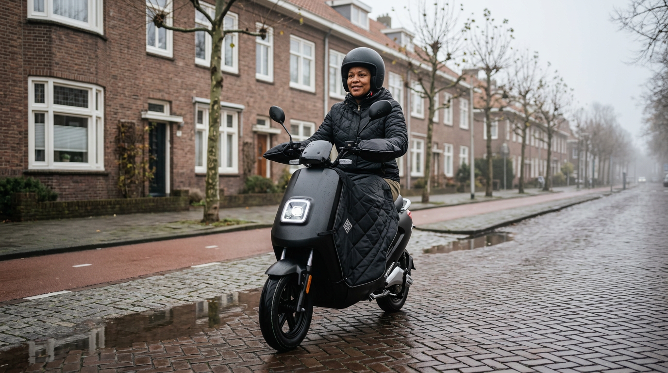 Beenkleed scooter: vrouw rijdt met beenkleed en handmoffen op haar scooter door een natte Nederlandse straat