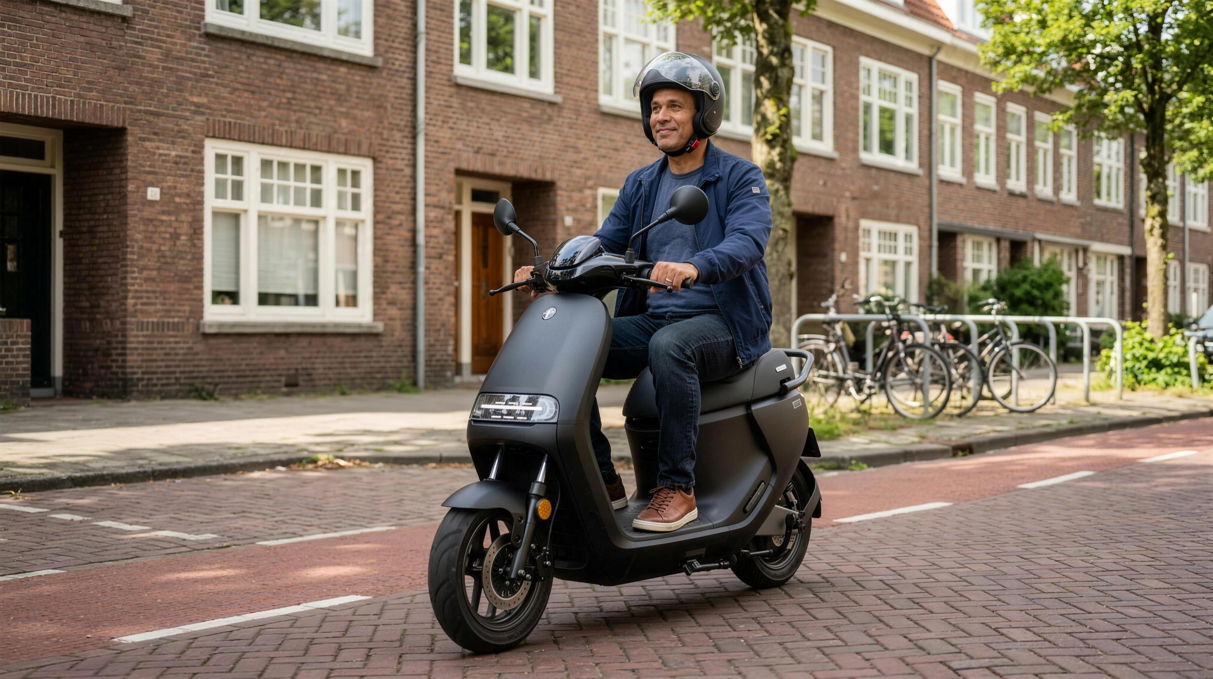 Segway scooter kopen in 2026: man rijdt op een matzwarte Segway E150S elektrische scooter door een Nederlandse stadsstraat