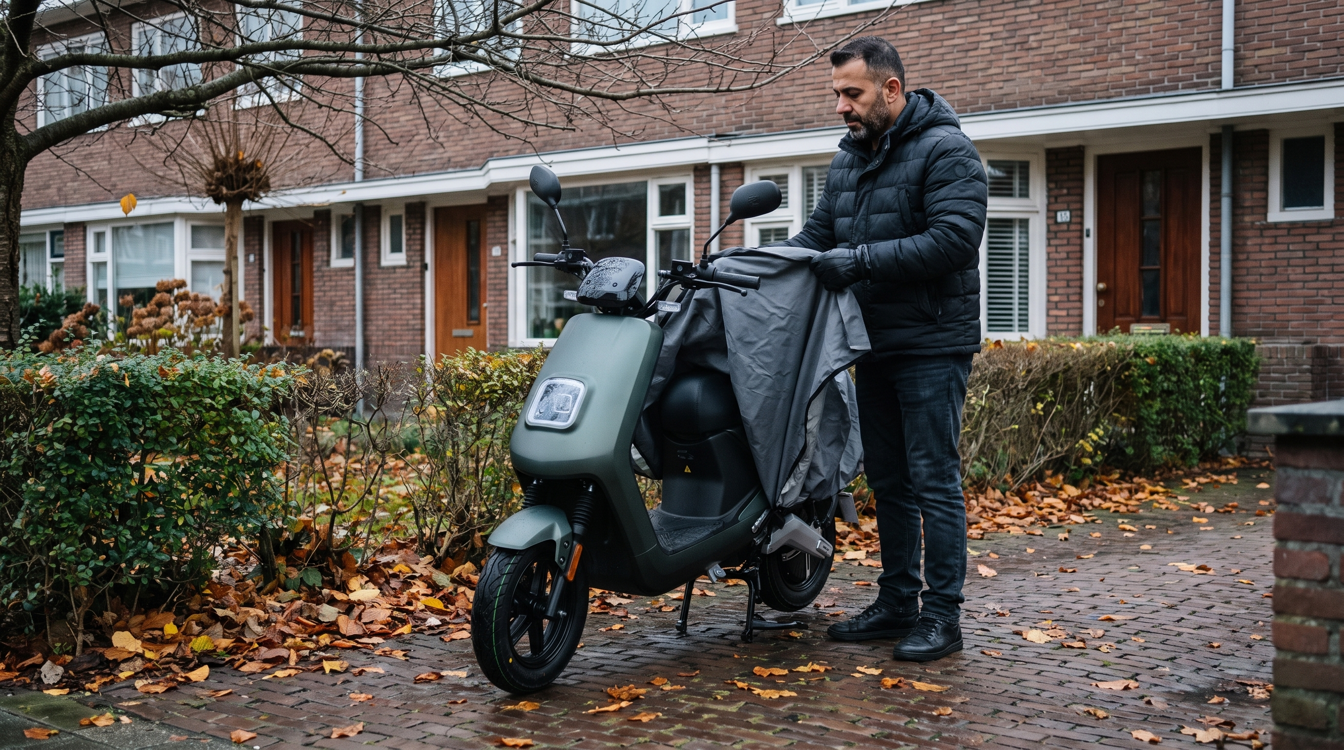 Scooter winterklaar maken: man trekt een hoes over zijn matgroene elektrische scooter in een Nederlandse straat