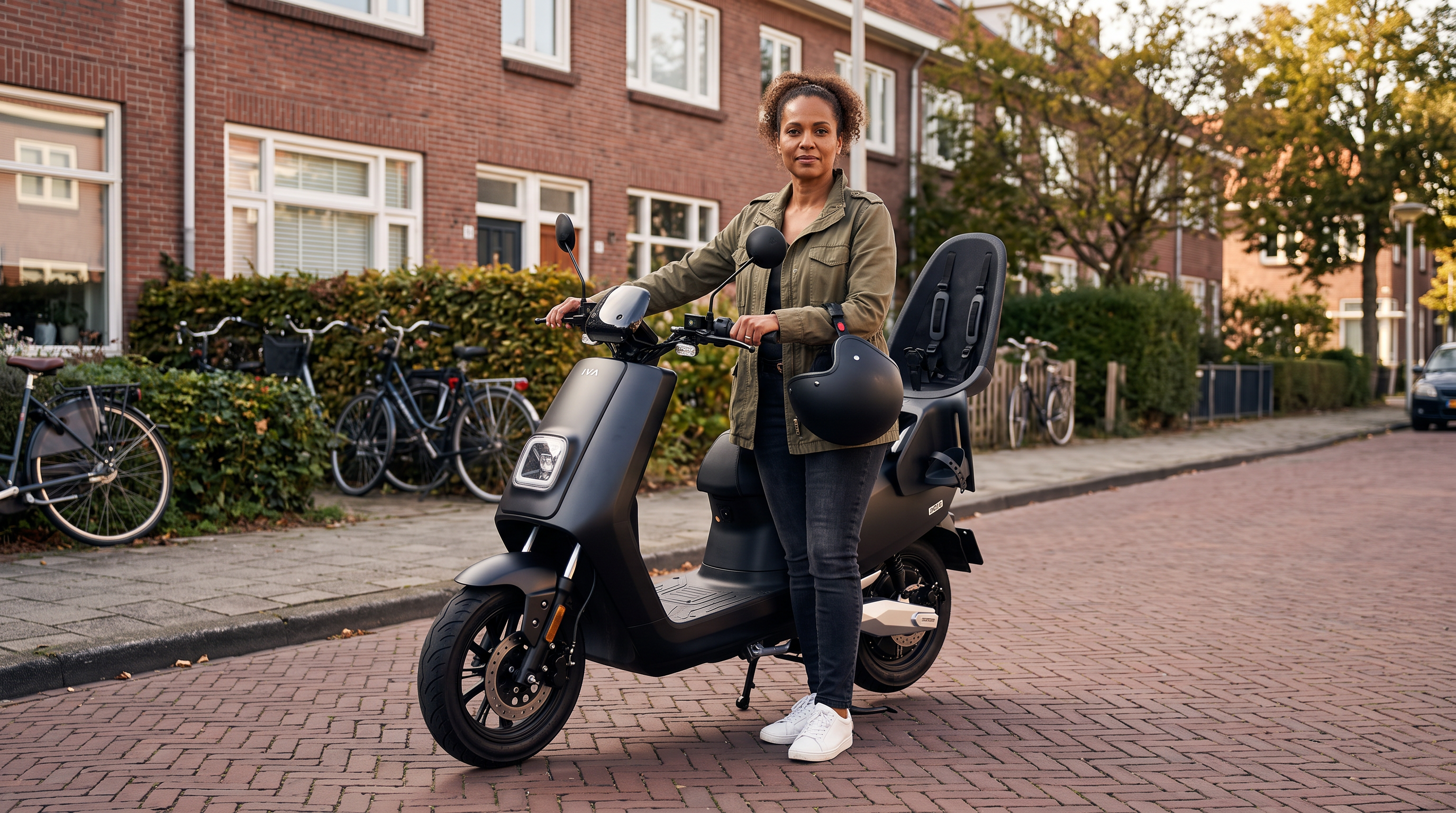 Kinderzitje scooter: vrouw naast matzwarte IVA-scooter met kinderzitje achterop in een Nederlandse woonwijk