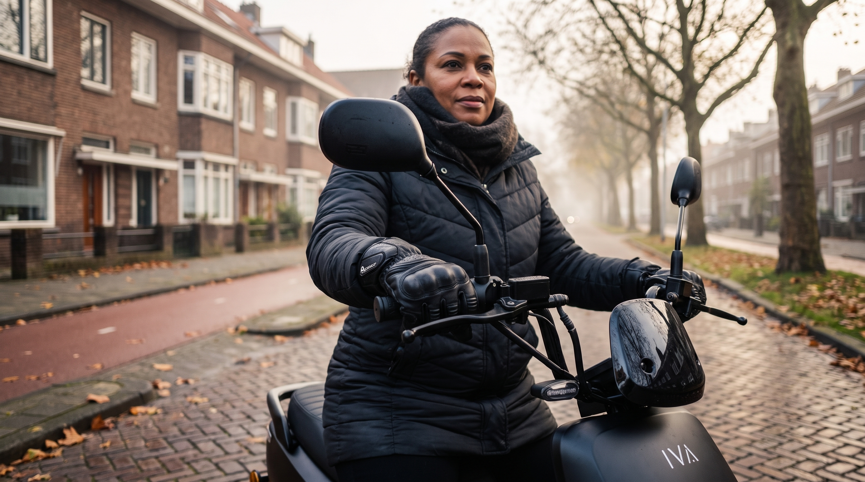 Vrouw met scooter handschoenen op een matzwarte IVA E-GO S4 scooter in een Rotterdamse straat in de herfst