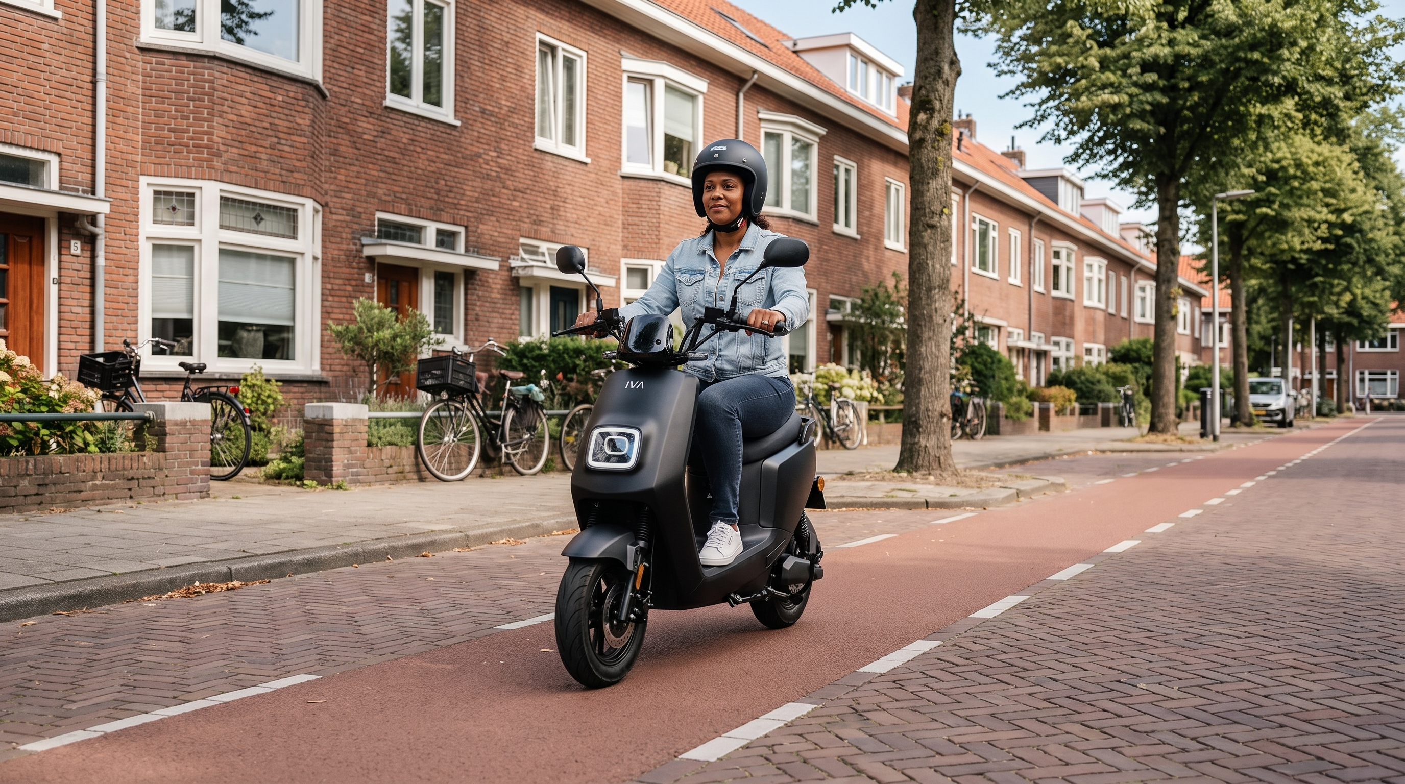 Scooter rijden met autorijbewijs - vrouw op elektrische snorscooter in Nederlandse woonstraat