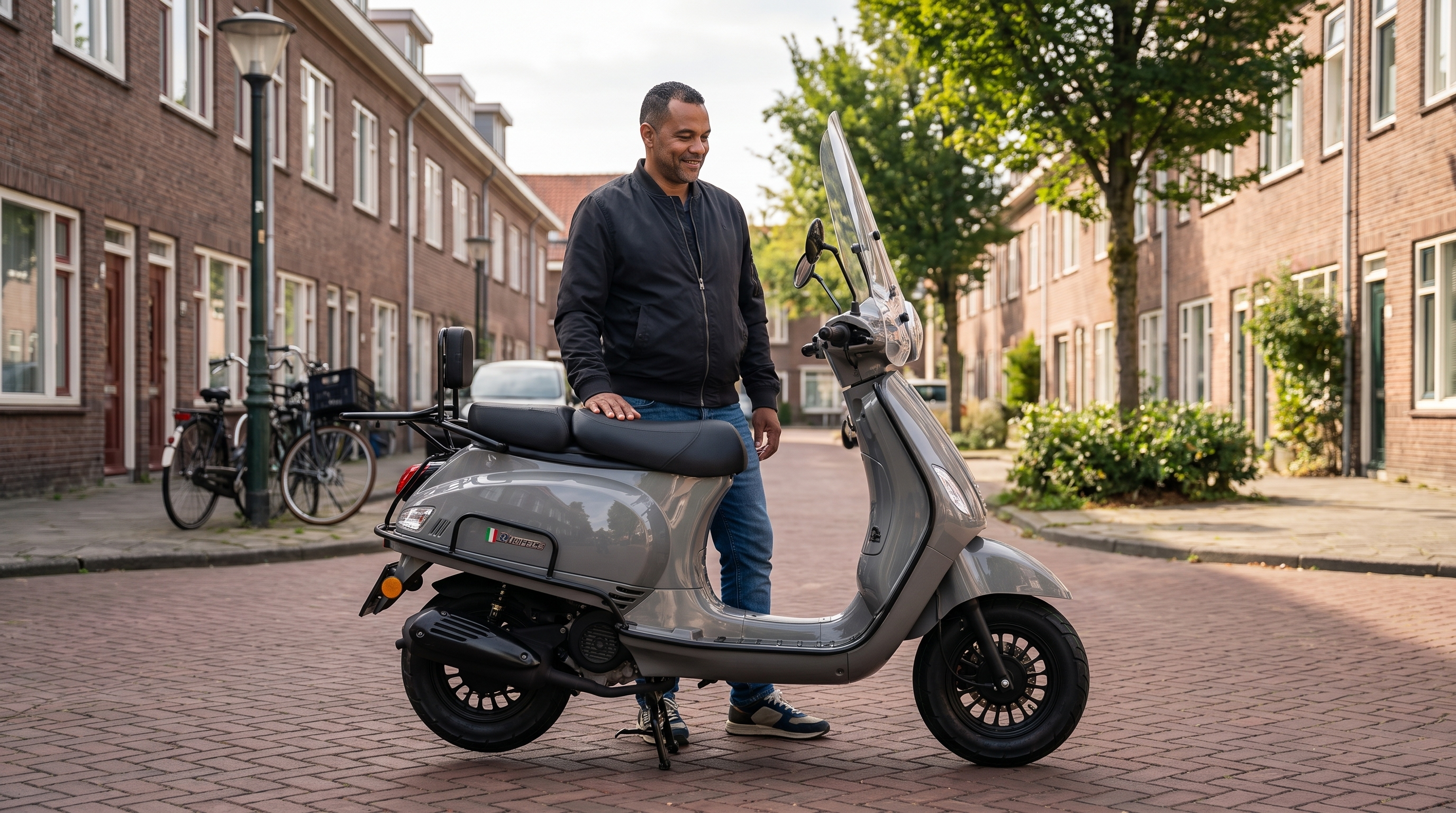 Scooter uitlaat vervangen: man naast zijn grijze benzinescooter in een Rotterdamse straat