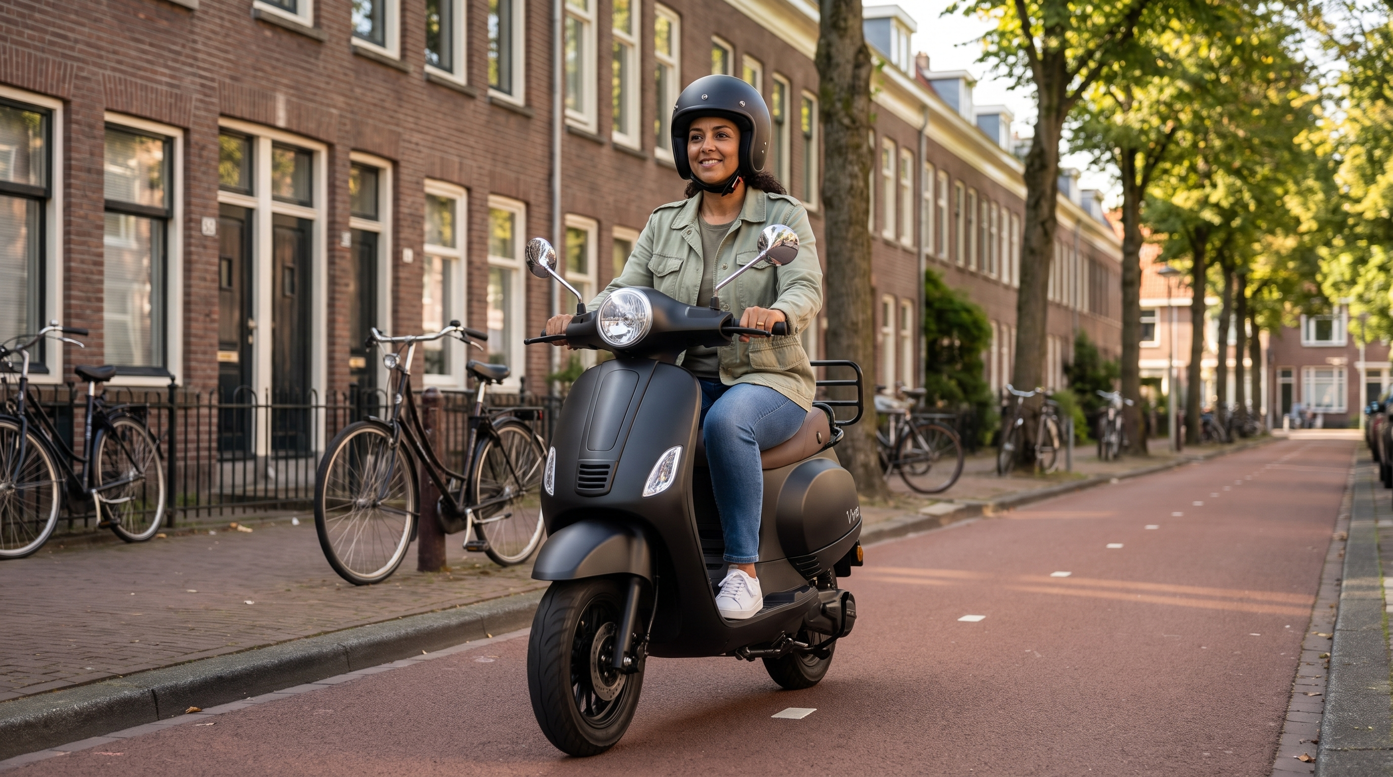 La Souris scooter kopen 2026 - vrouw op zwarte retro elektrische scooter in een Rotterdamse straat