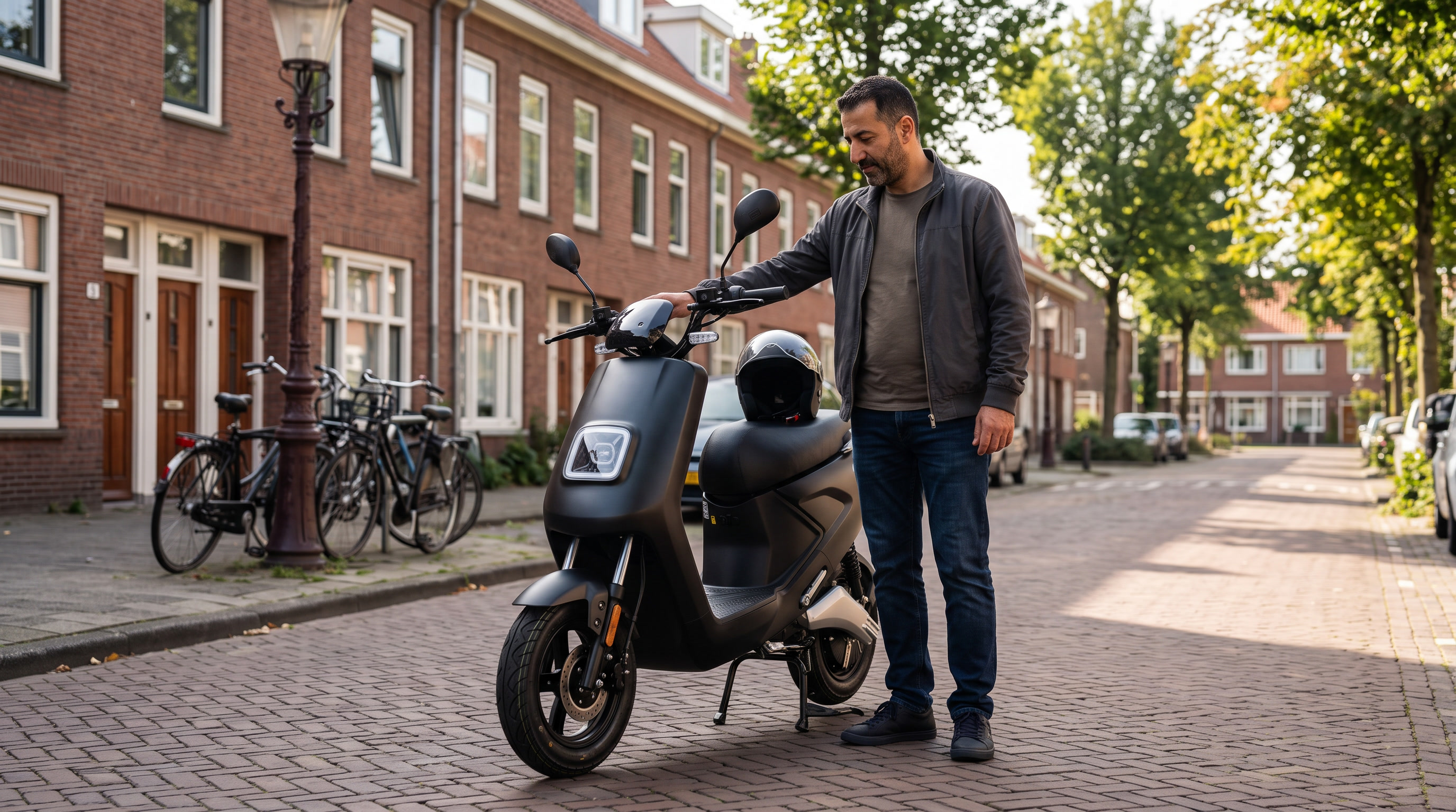 APK scooter 2026: man controleert zijn matzwarte elektrische scooter in een Rotterdamse straat