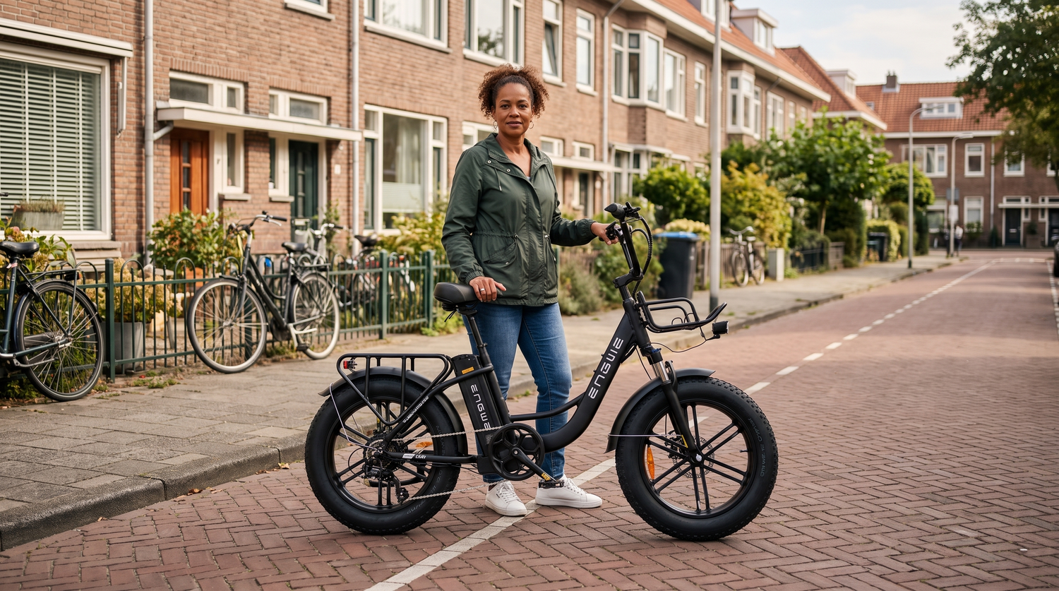 Fatbike accu 2026: vrouw met zwarte Engwe L20 fatbike met frame-accu in een Rotterdamse straat