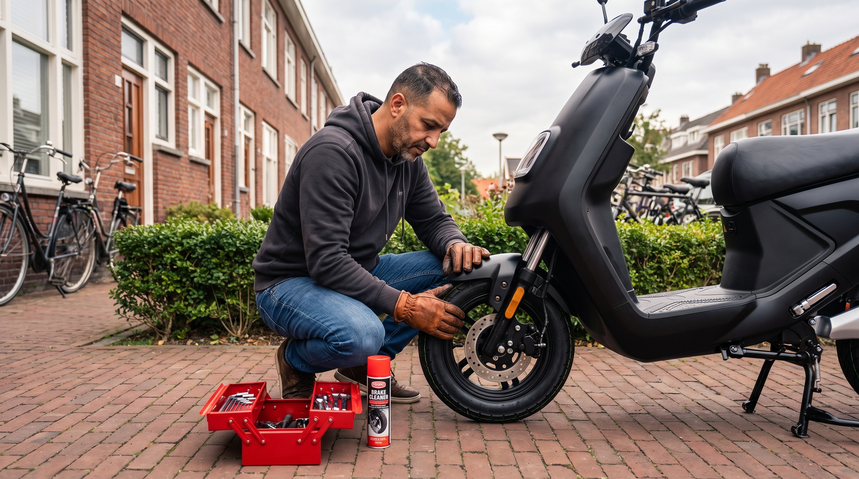 Remblokken scooter vervangen – man controleert de voorremklauw van een matzwarte scooter in een Rotterdamse straat