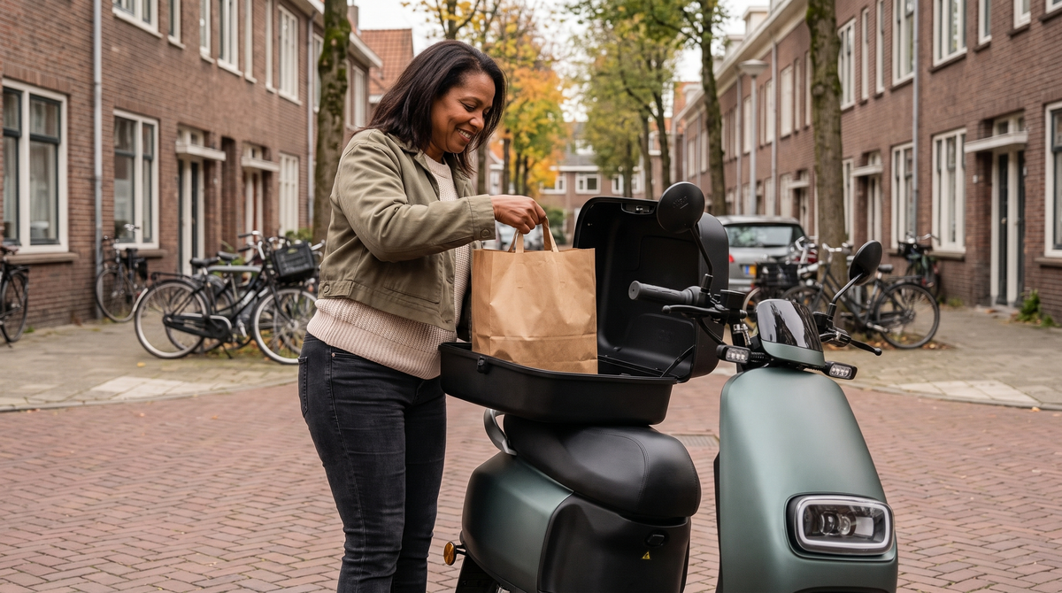 Vrouw zet boodschappen in de topkoffer op de achterdrager van haar scooter in een Rotterdamse straat