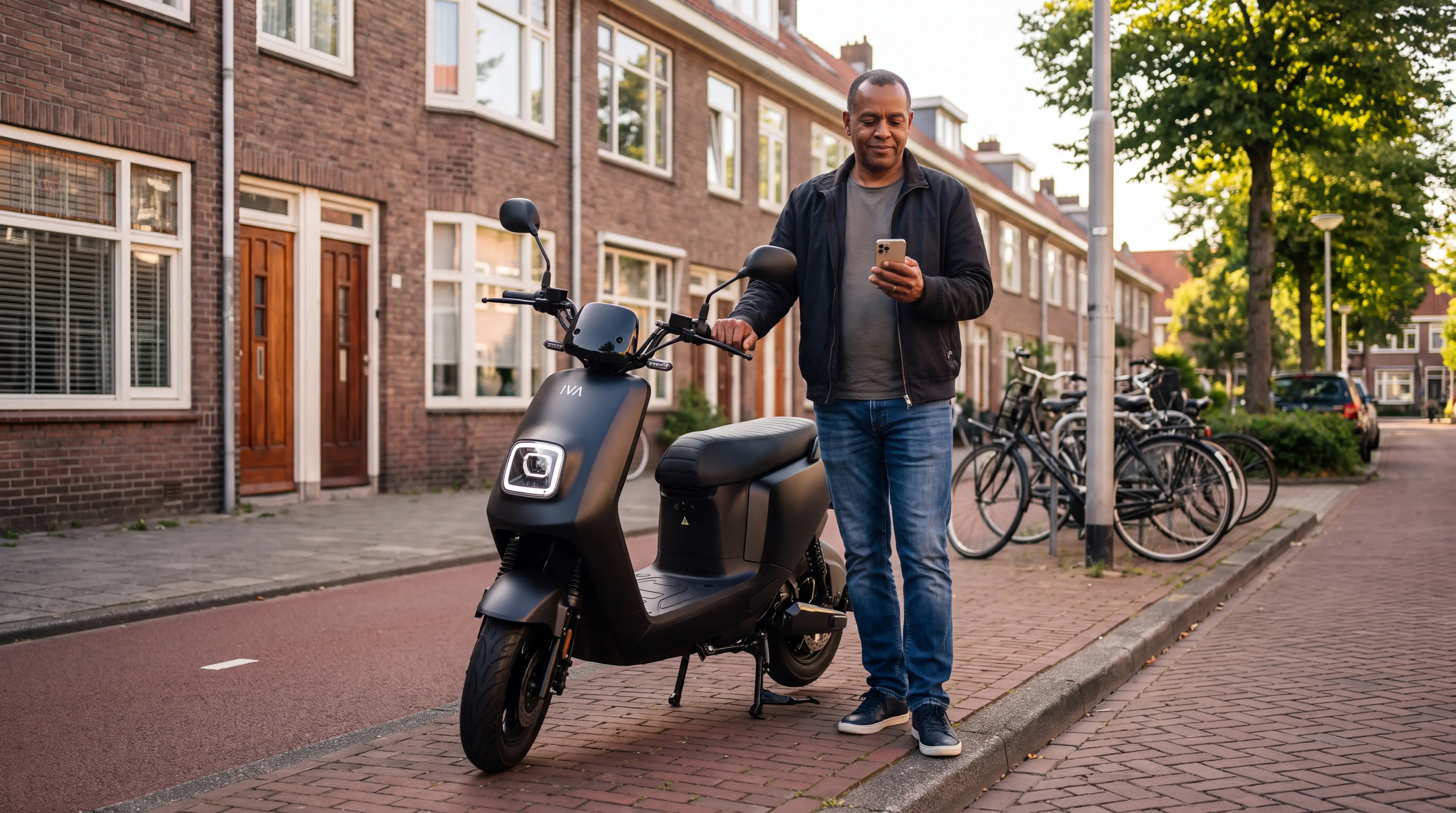 GPS tracker scooter: man checkt de app bij zijn matzwarte elektrische scooter in een Rotterdamse straat