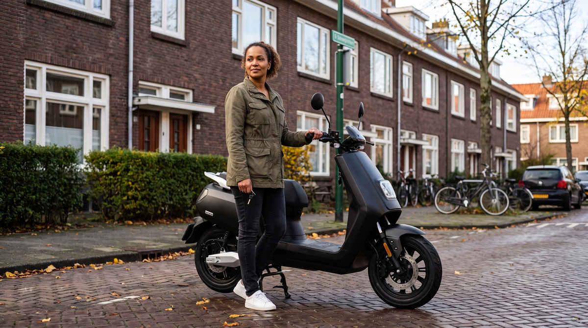 Vrouw met sleutel naast haar matzwarte elektrische scooter in een Nederlandse straat – tenaamstellingscode scooter