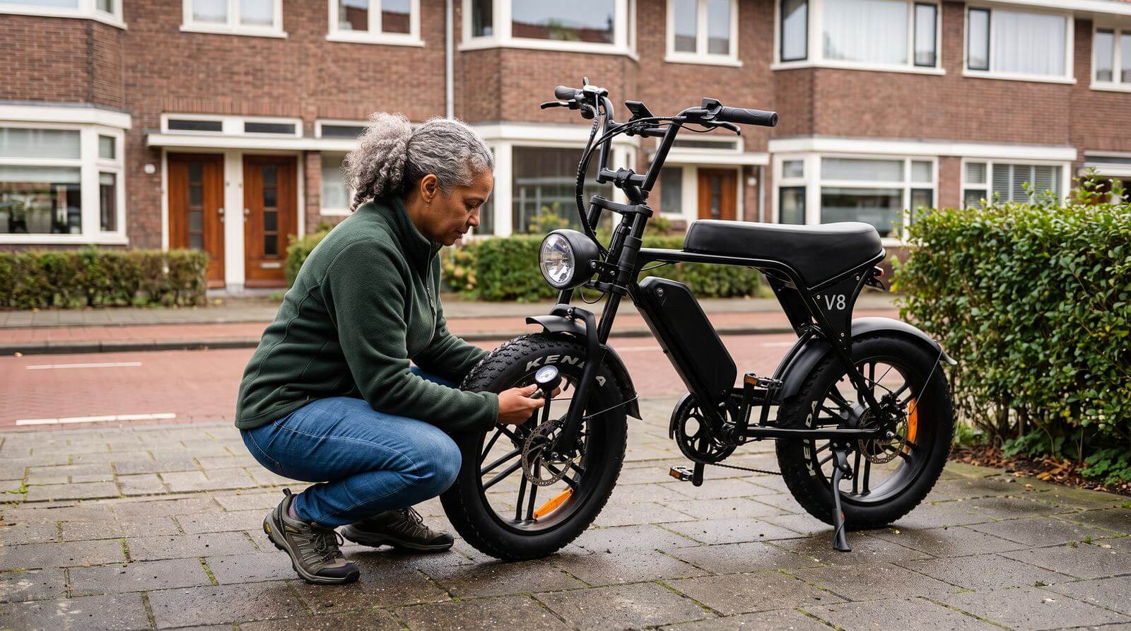 Fatbike onderhoud: vrouw controleert de bandenspanning van een zwarte fatbike in een Nederlandse straat