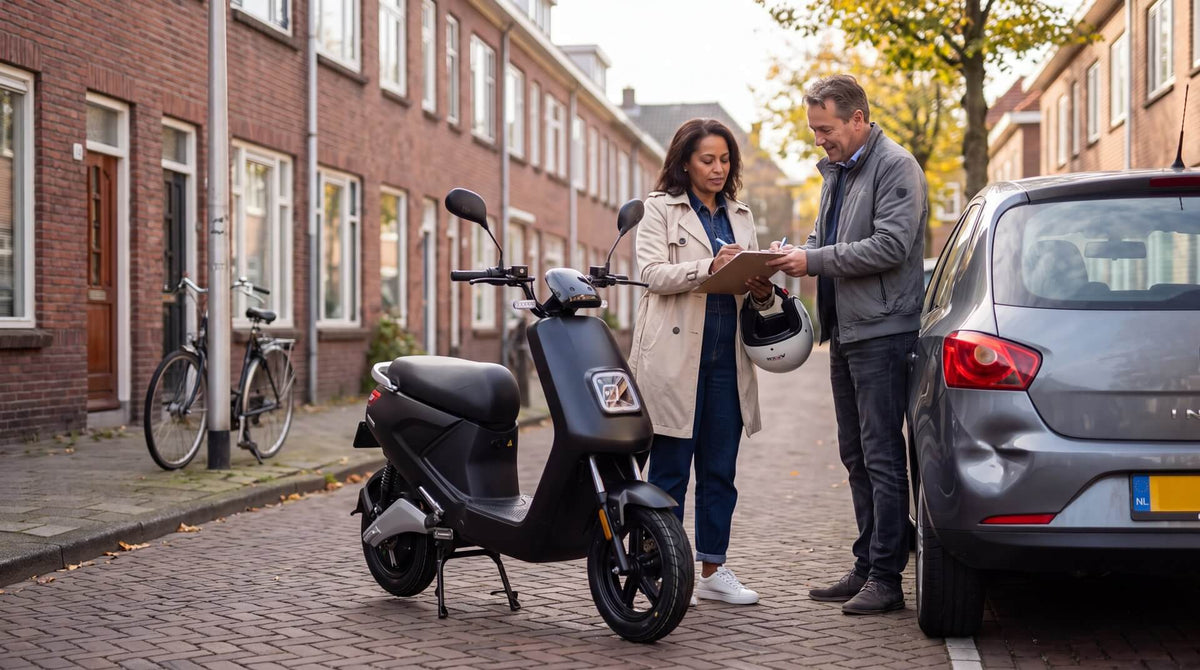 Scooterrijder vult na een scooter ongeluk het schadeformulier in naast haar scooter