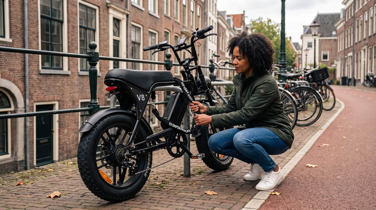 Fatbike slot: vrouw zet haar zwarte fatbike met een kettingslot vast aan een fietsenrek in een Utrechtse straat