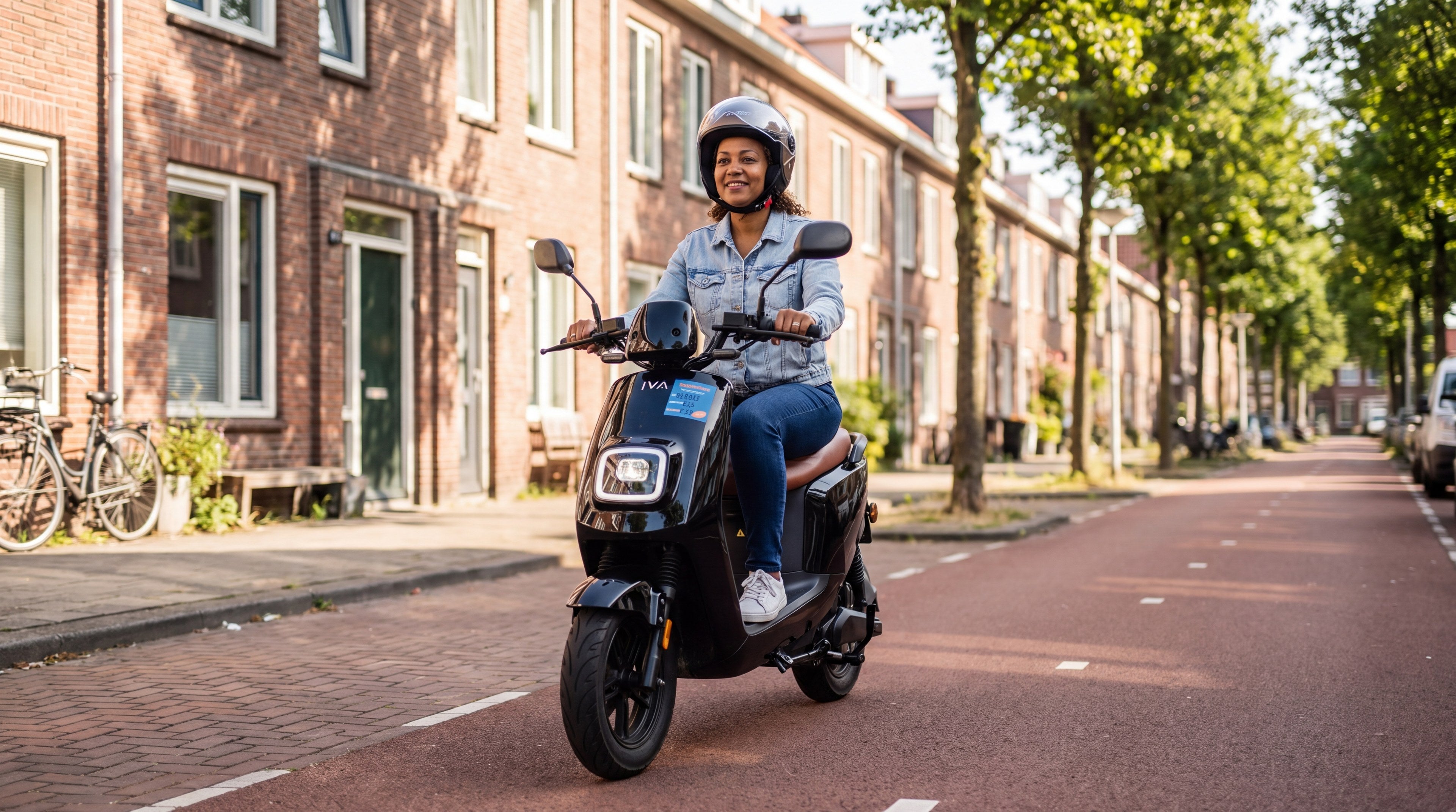 GO Sharing scooter kopen – vrouw rijdt op IVA E-GO S4 elektrische scooter door Rotterdamse klinkerstraat