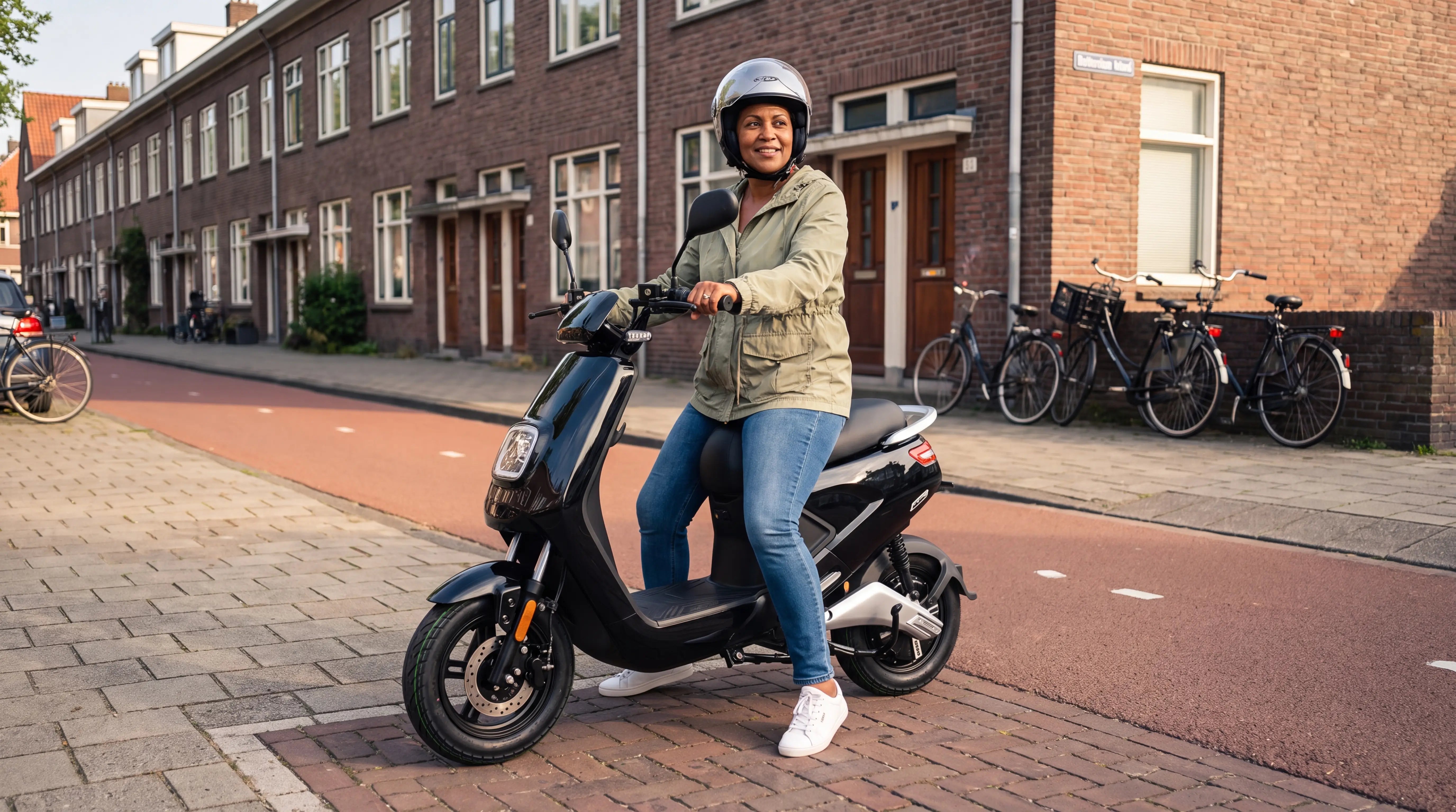 Wegenbelasting scooter en brommer – vrouw op zwarte IVA E-GO S4 in een Rotterdamse straat
