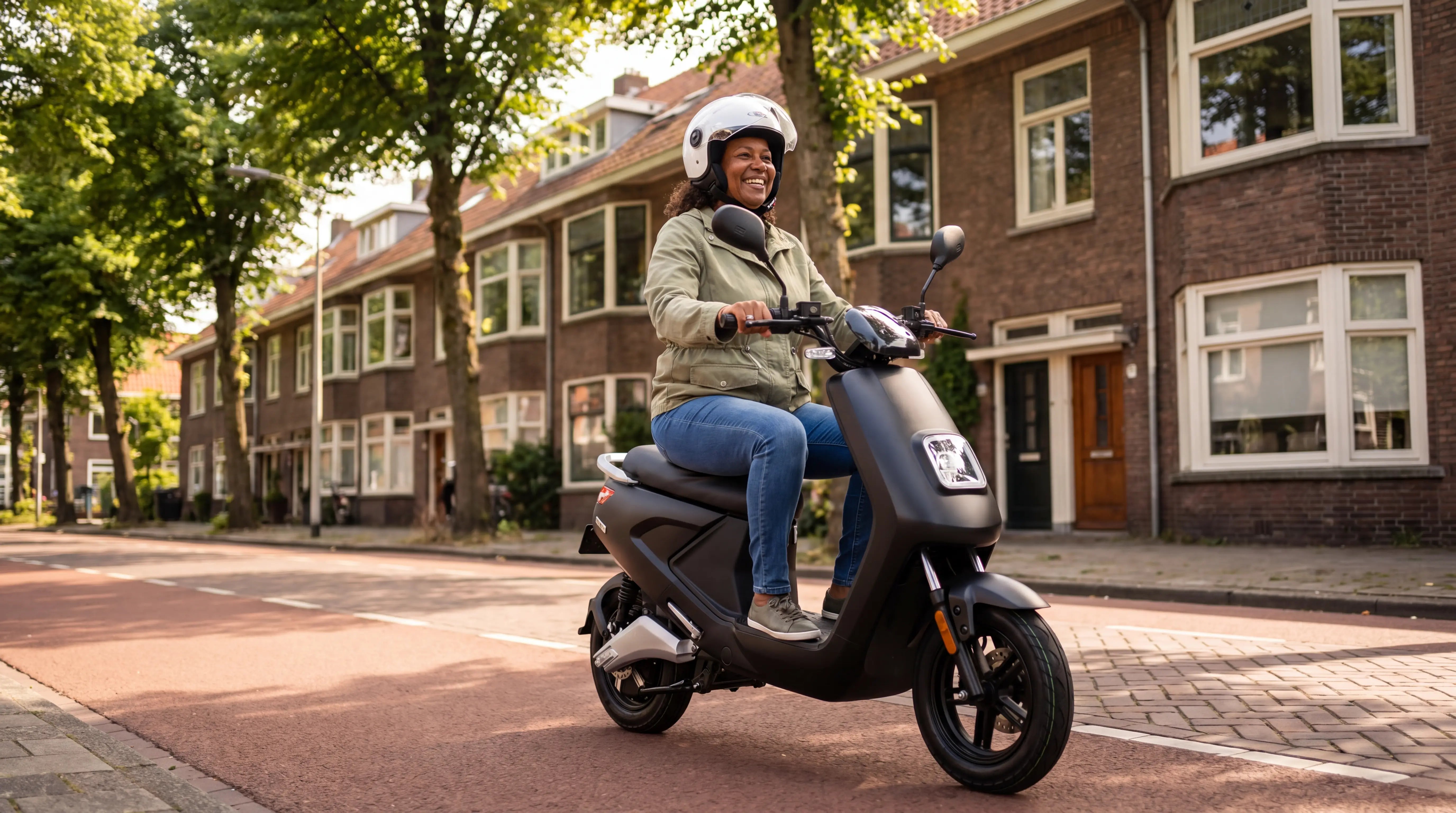 Vrouw rijdt op een matzwarte IVA E-GO S4 elektrische scooter in een Rotterdamse straat - beste scooter merken 2026