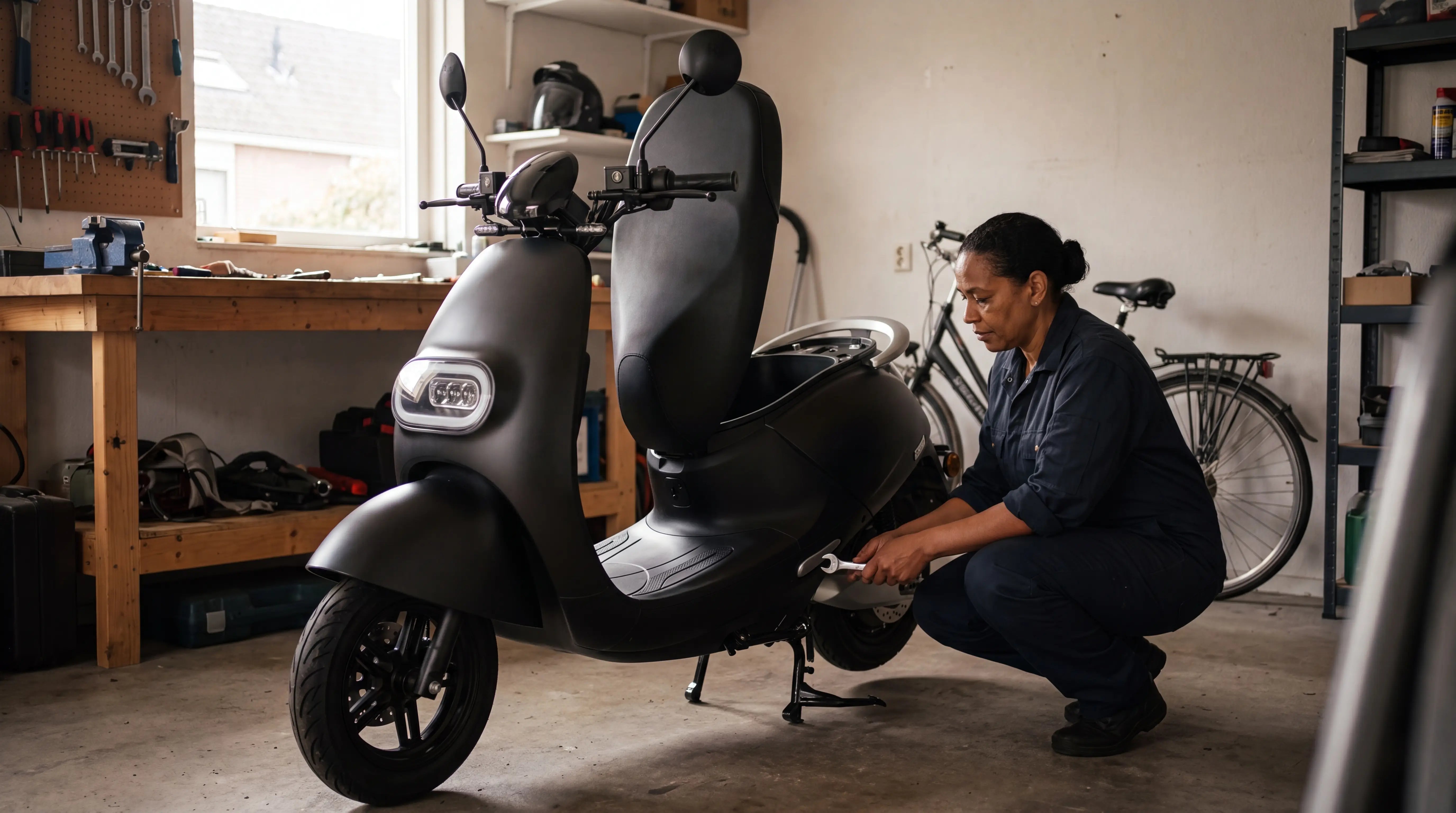 Vrouw doet zelf onderhoud aan haar zwarte retro scooter in een Nederlandse schuur met gereedschap