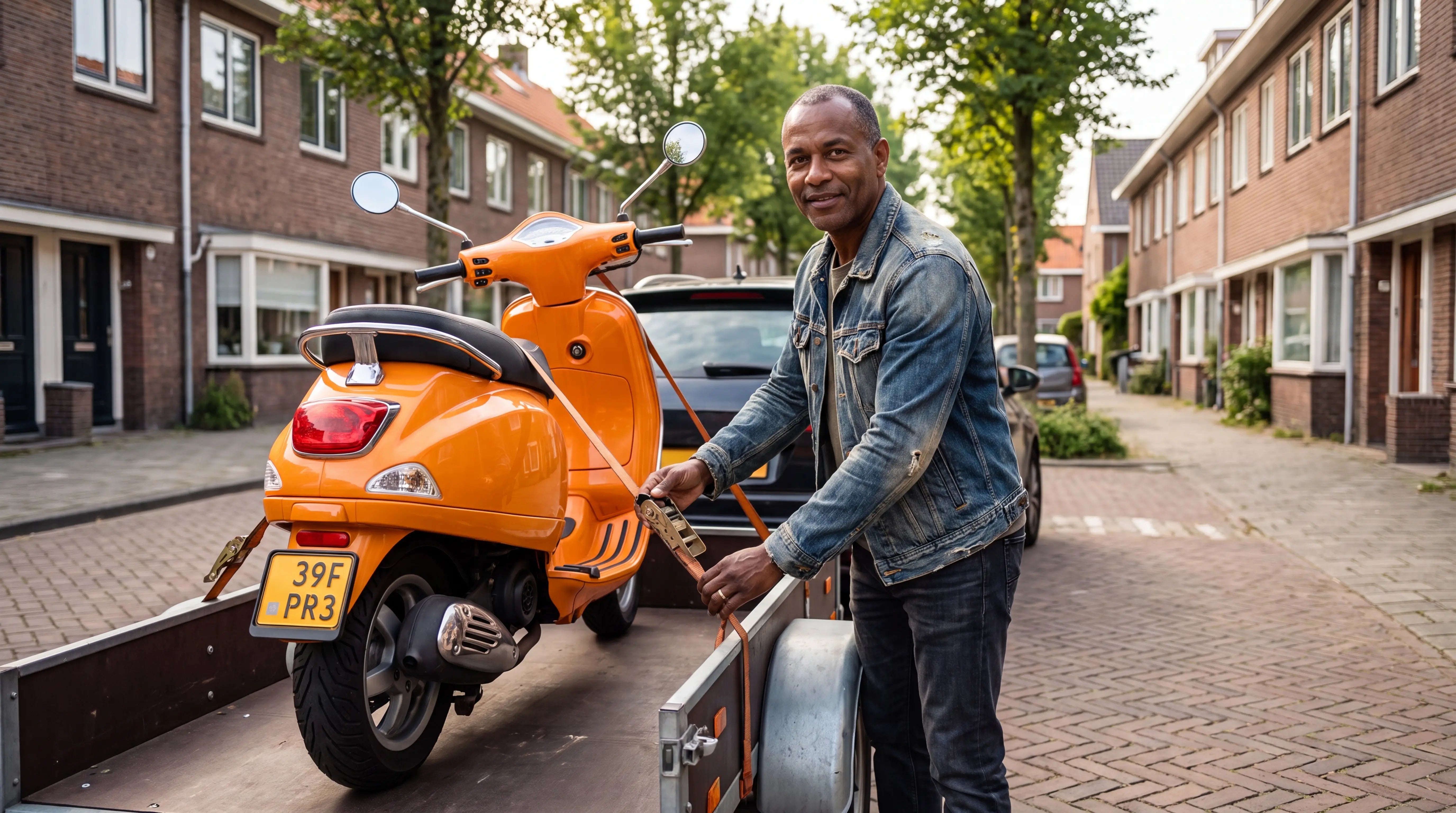 Scooter vervoeren op een aanhanger achter een auto in een Nederlandse straat
