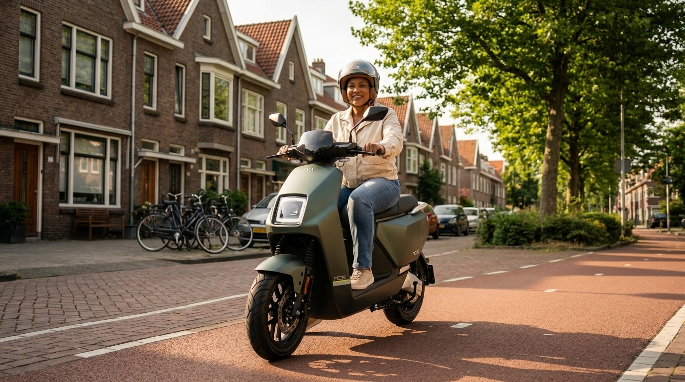Vrouw op een matgroene retro scooter in een Rotterdamse straat - welke olie voor je scooter