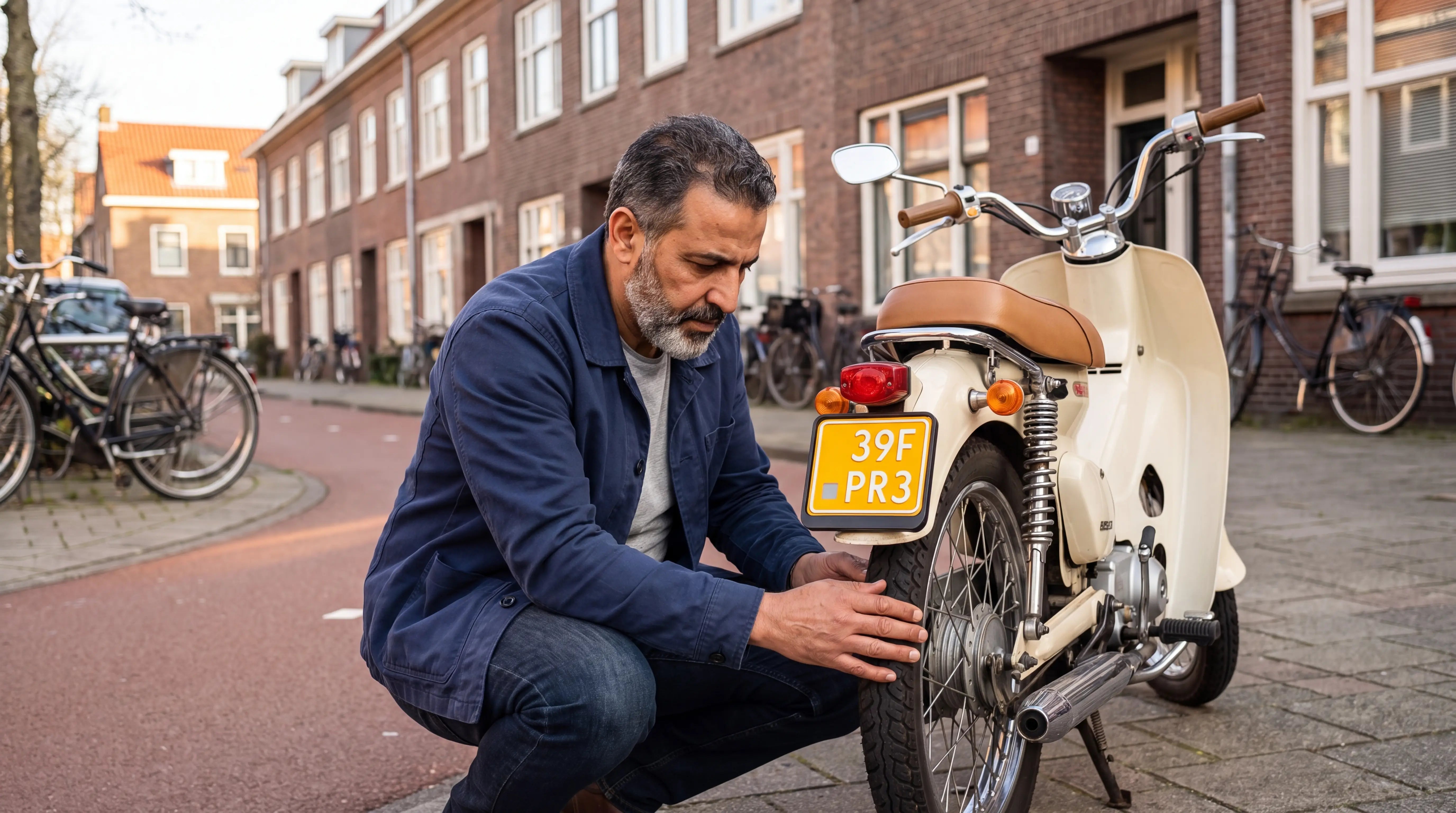 Man controleert de achterband van een retro scooter op een Nederlandse straat bij scooterband vervangen