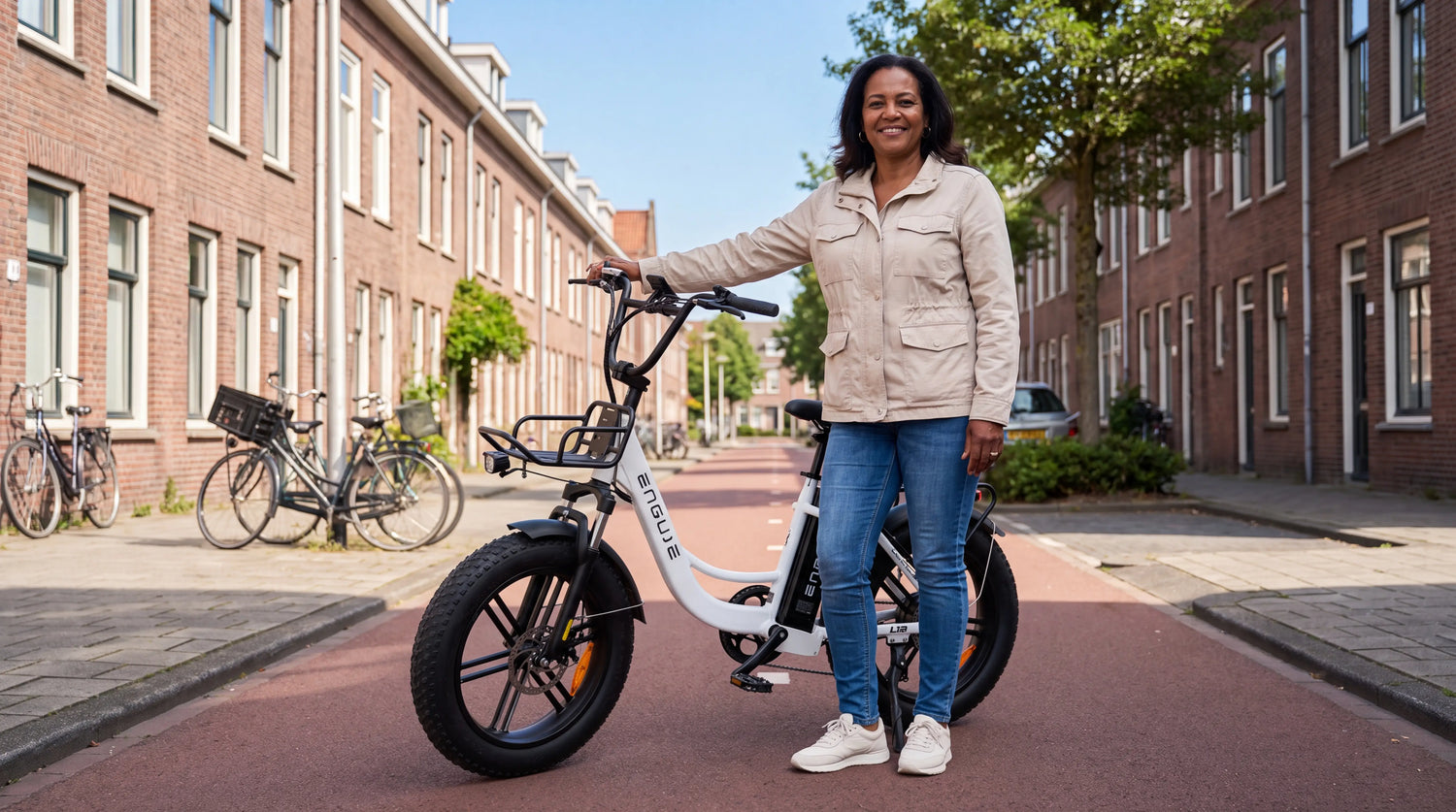 Fatbike verzekeren 2026 – vrouw met witte Engwe L20 fatbike op een Rotterdamse straat