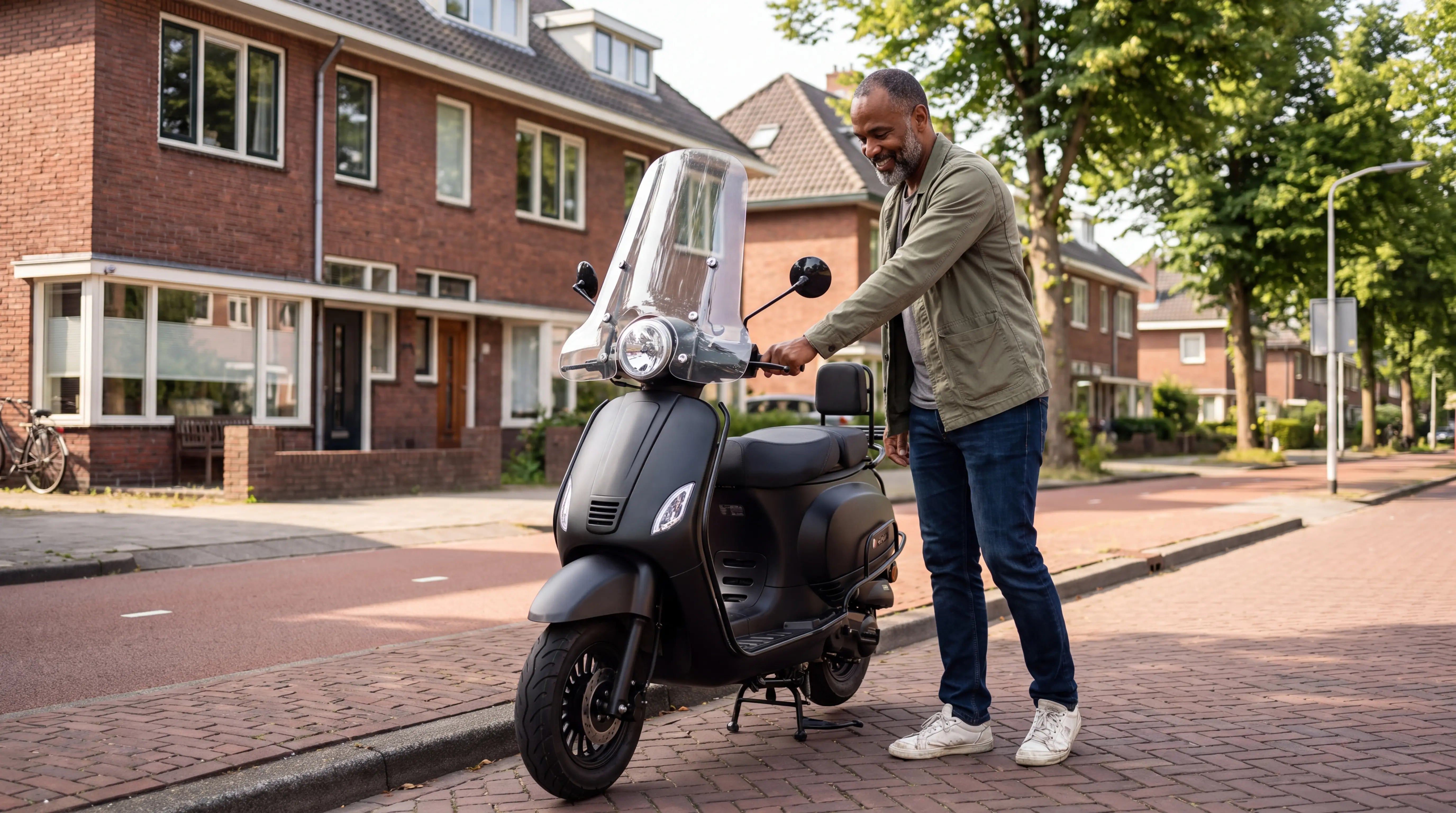 WOK-melding op je scooter – rijder controleert zijn Senzo RivaLux in een Nederlandse woonwijk