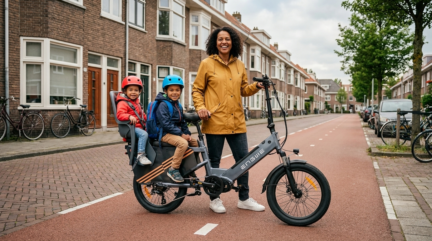 Moeder met twee kinderen achterop een elektrische longtail fiets op een rood fietspad in een Nederlandse woonwijk