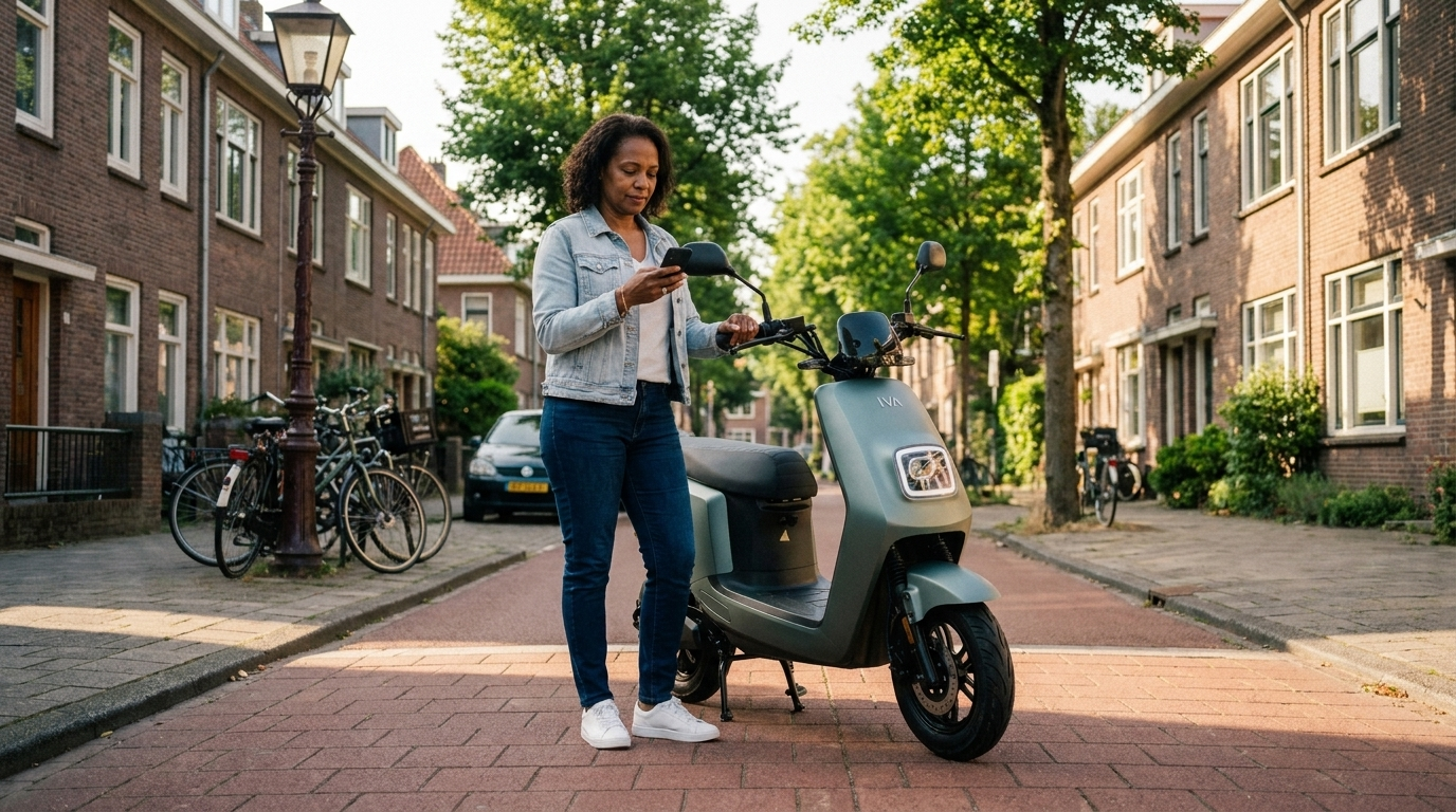 Vrouw bekijkt de dagwaarde van haar scooter naast een matgroene elektrische scooter in een Nederlandse straat