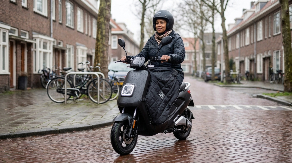 Scooterrijder met beenkleed op de scooter tijdens een koude regenachtige rit in Nederland