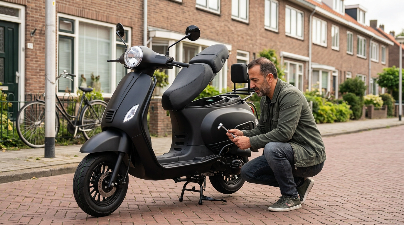 Man vervangt de bougie van zijn matzwarte scooter in een Nederlandse woonstraat