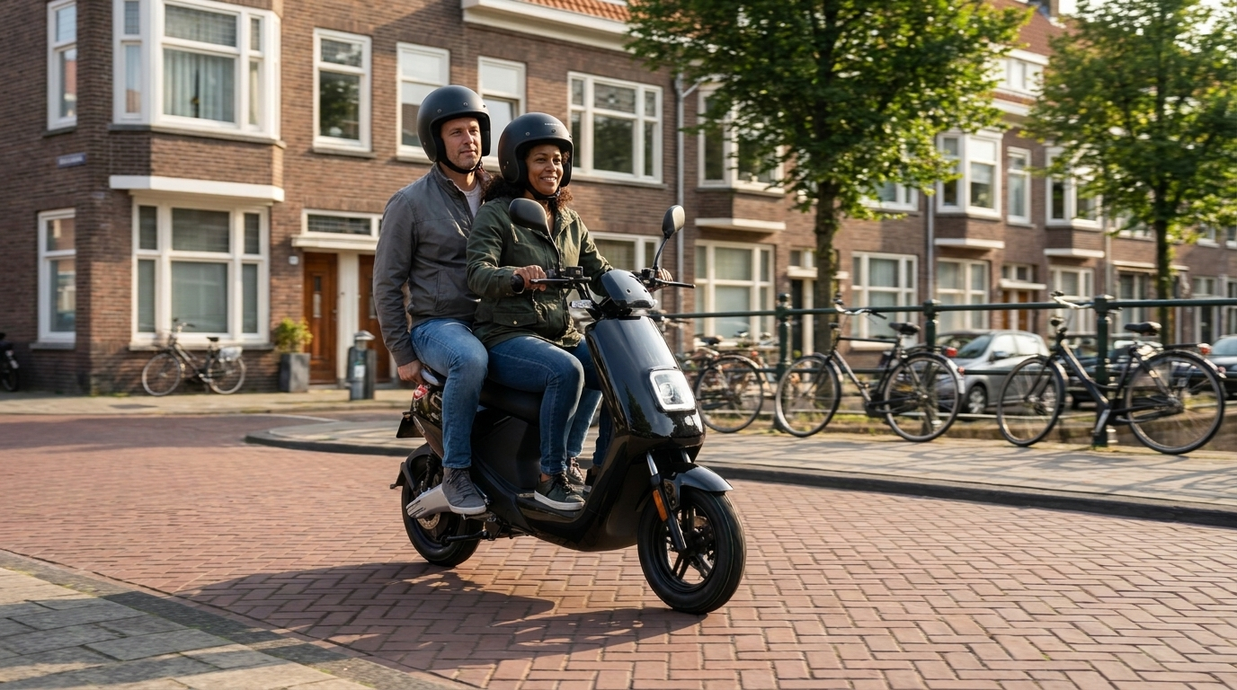 Passagier meenemen op je scooter: vrouw met duopassagier op een zwarte IVA E-GO S4 in een Rotterdamse straat